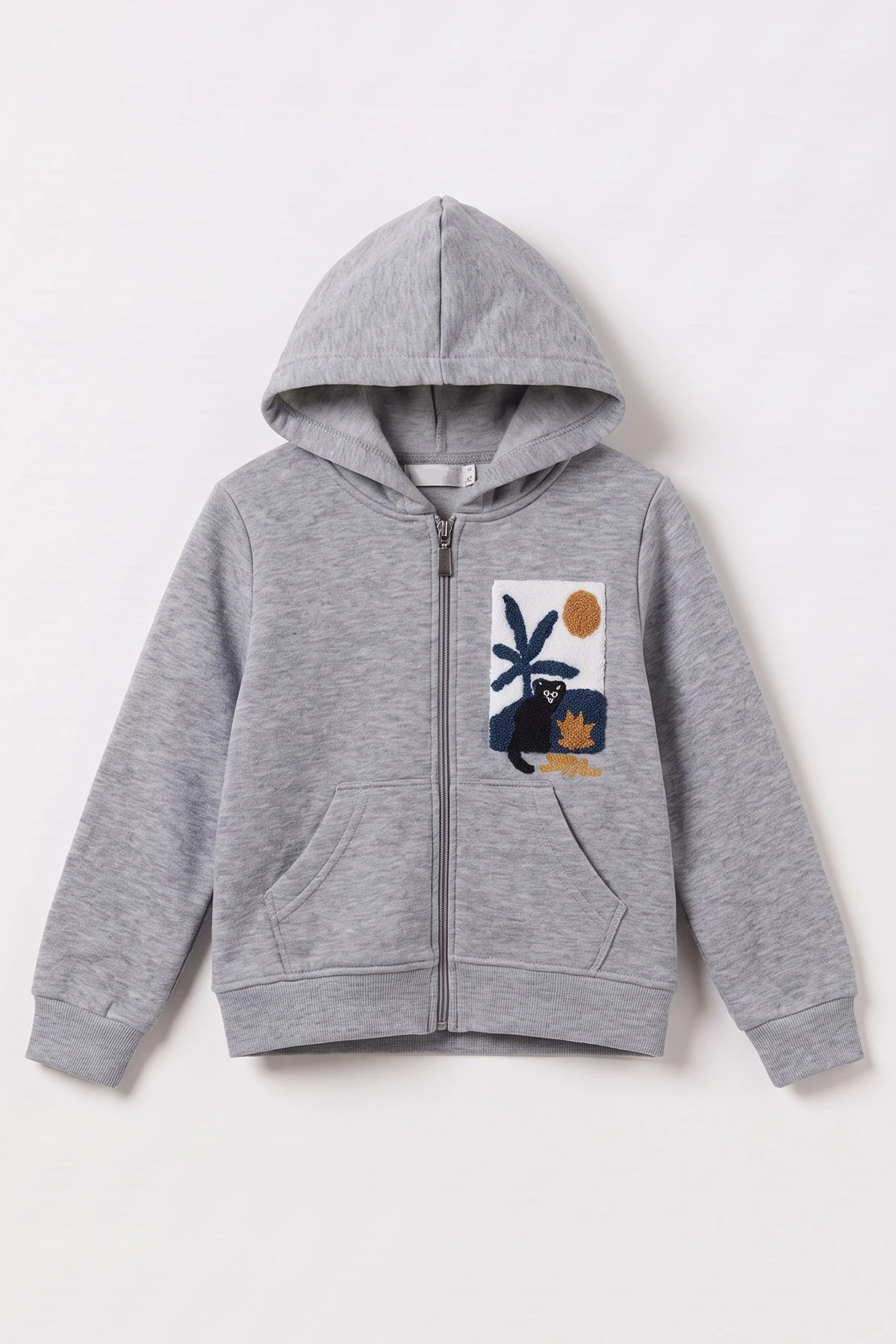 Gri (3-12 Yaş) Süzene Palmiye Nakışlı Kapüşonlu  3 İp Şardonlu Erkek Çocuk Sweatshirt 478784
