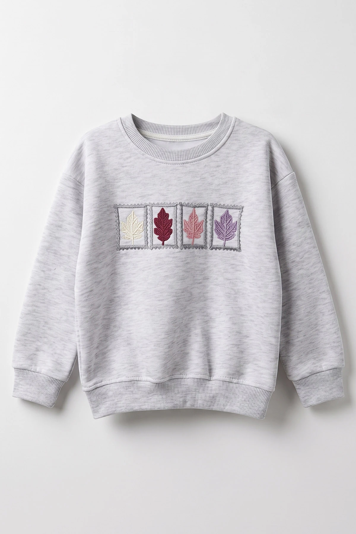 Gri (3-12 Yaş) Yaprak Nakışlı    3 İp Şardonlu Kız Çocuk Sweatshirt 478776