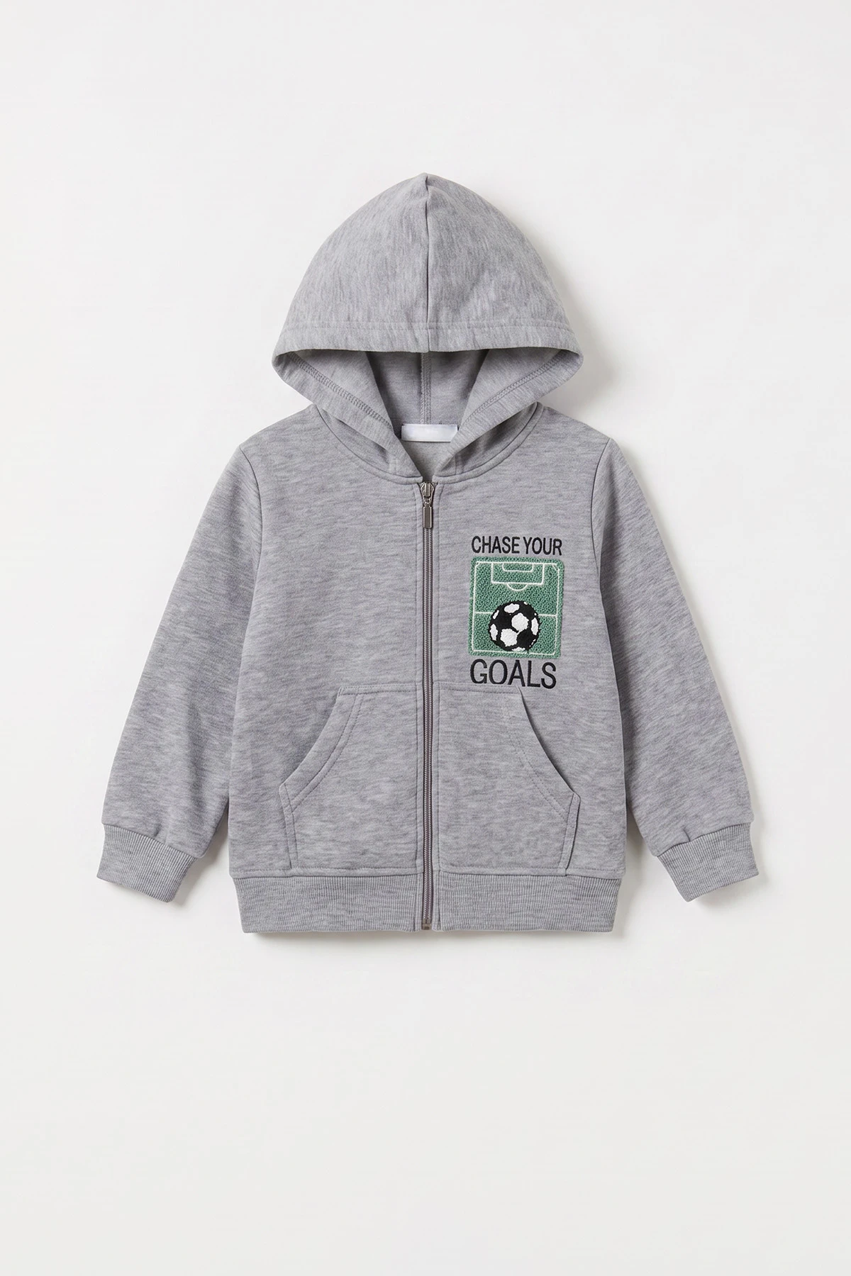 Gri (3-12 Yaş)Nakışlı ve Kapüşonlu 3 İp Şardonlu Erkek Çocuk Sweatshirt 478635