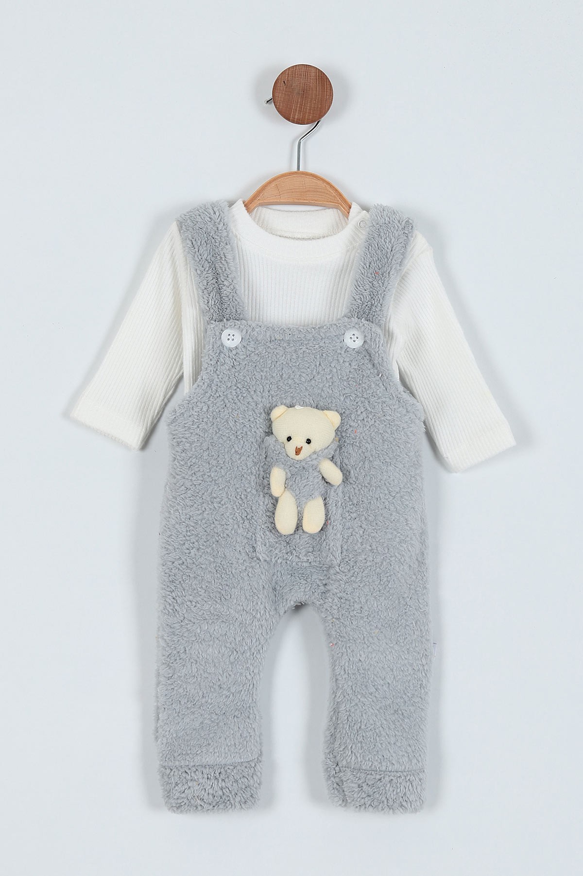 Gri (3-15 Ay) Ayı Oyuncaklı Welsoft İkili Erkek Bebe Salopet 220534