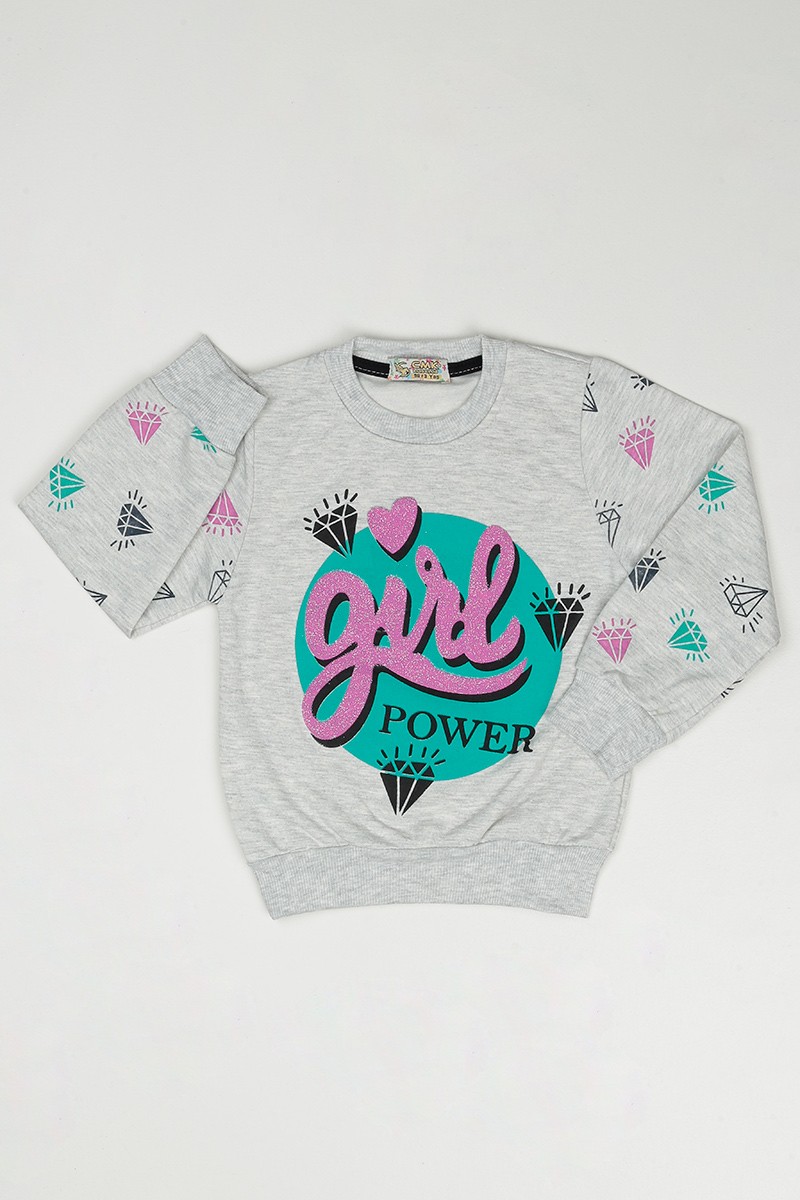 Gri (3-7 Yaş) Give Baskılı Kız Çocuk Sweatshirt 90350