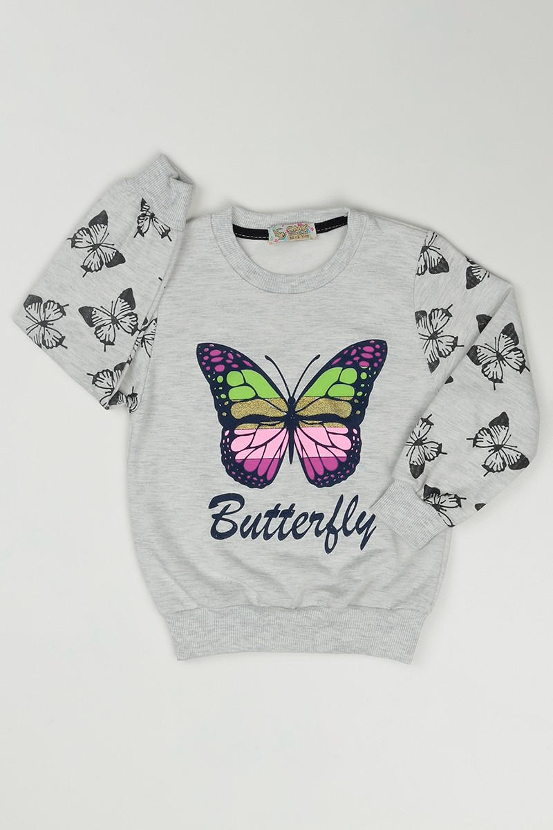 Gri (3-12 Yaş) Kelebek Baskılı Kız Çocuk Sweatshirt 84892