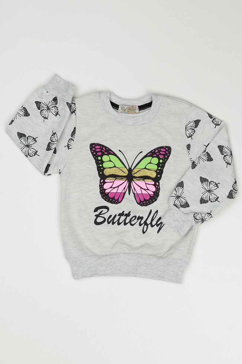 Gri (3-7 Yaş) Kelebek Baskılı Kız Çocuk SweatShirt 90355