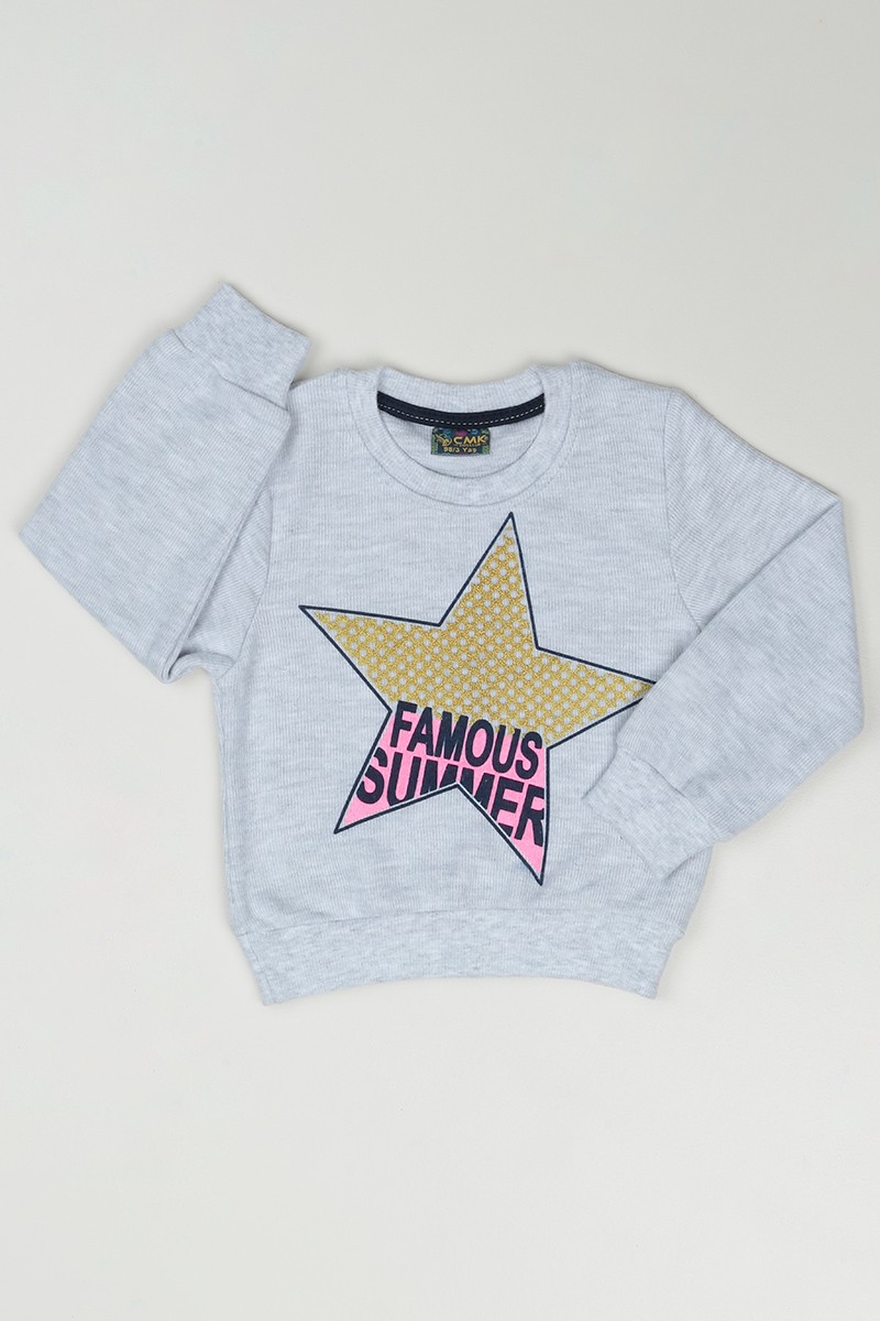 Gri (3-7 Yaş) Yıldız Baskılı Kız Çocuk Sweatshirt 84765