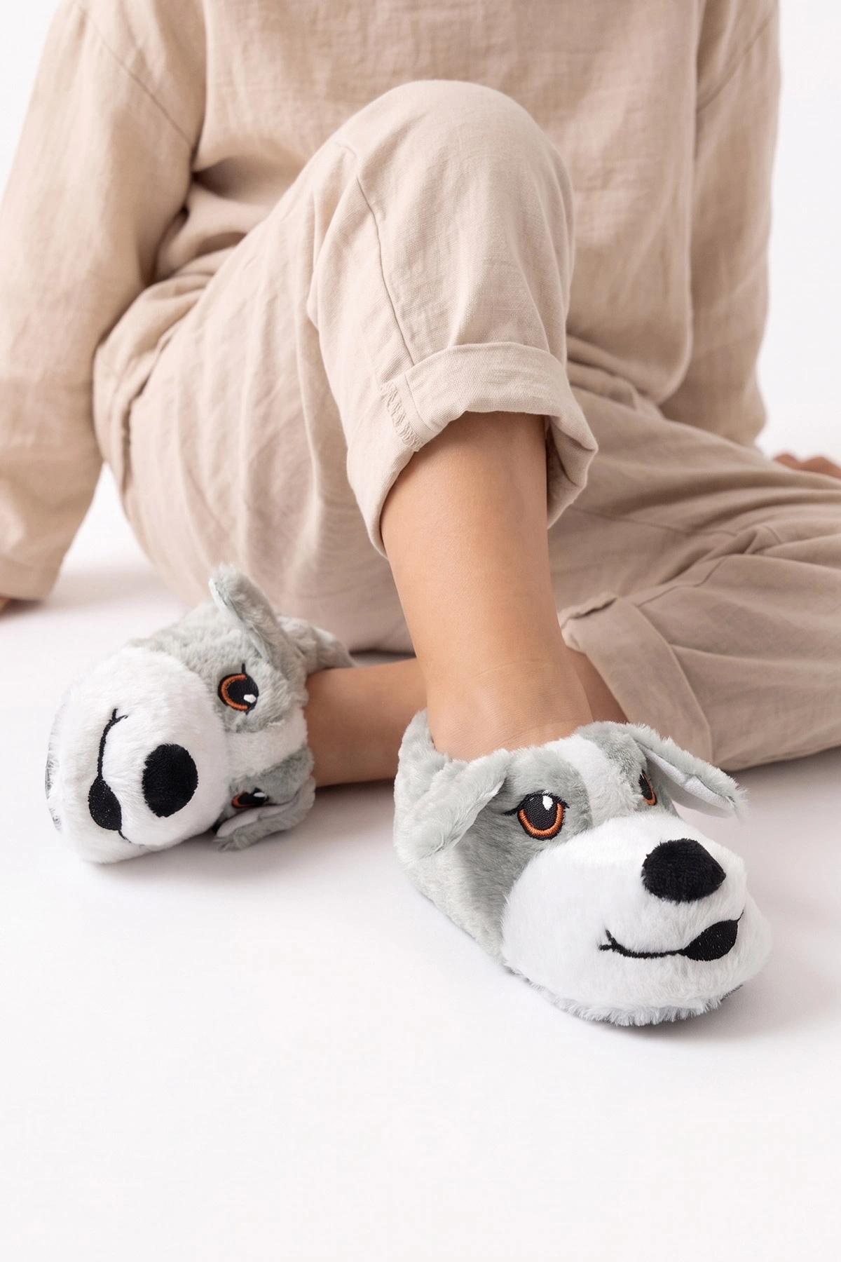 Gri ( 30 - 35 ) Köpek Figürlü Peluş Kız Çocuk Panduf 490453