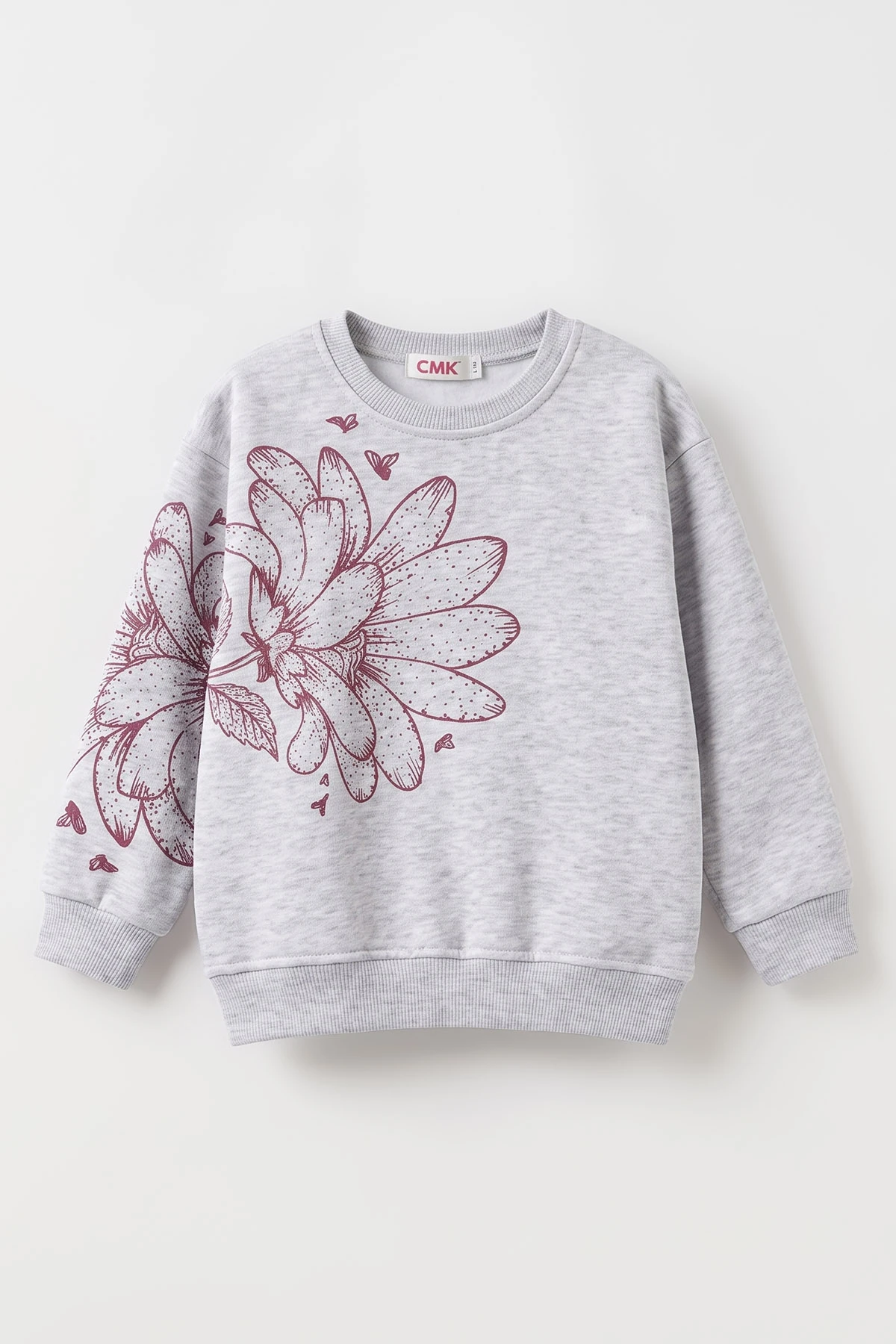 Gri (4-12 Yaş) Çiçek Baskılı İçi Şardonlu Kız Çocuk Sweatshirt 495886