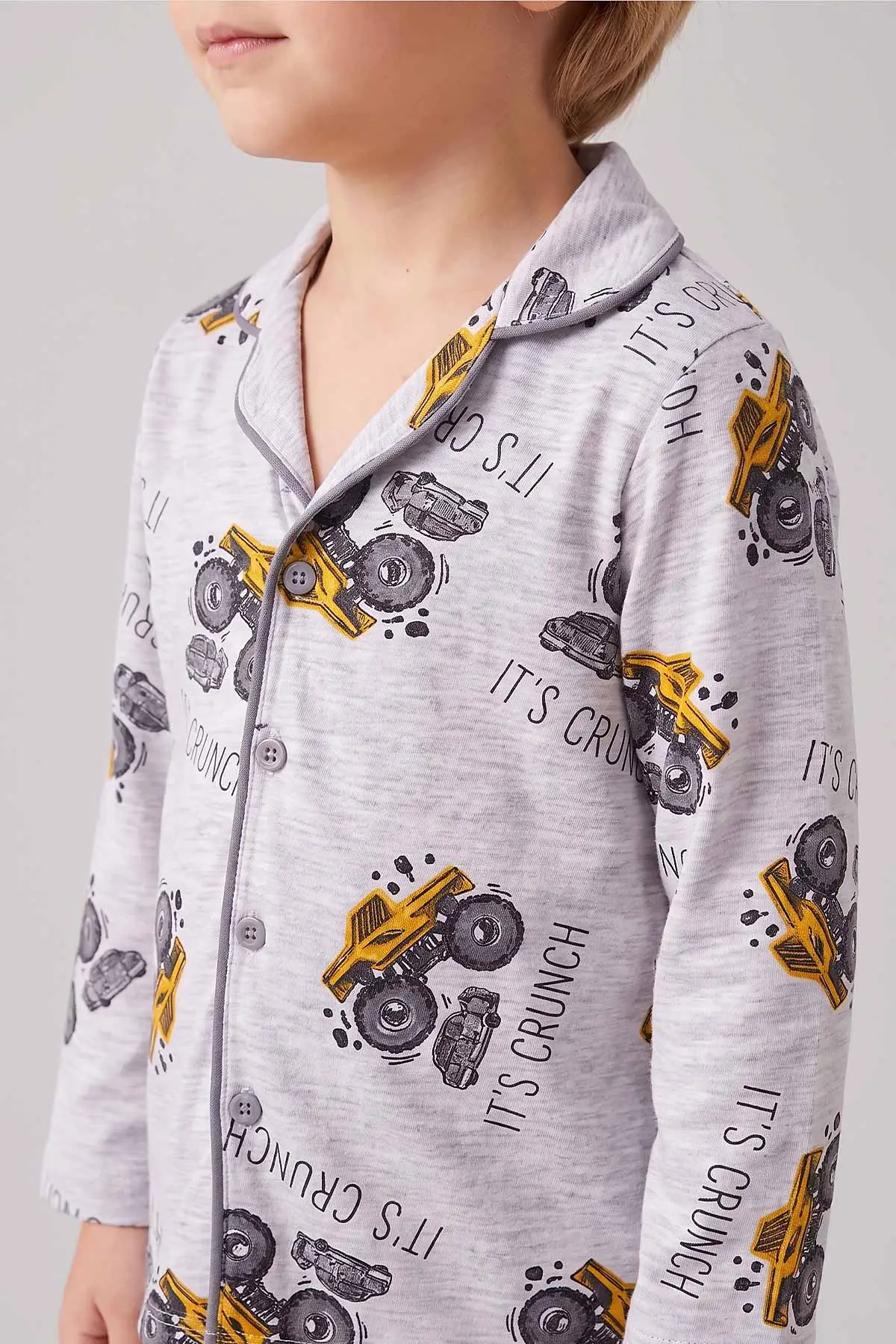 Gri (4-12 Yaş)Karakter  Desenli   Uzun Kol  Ön Düğmeli  Erkek  Çocuk Pijama Takım 473676