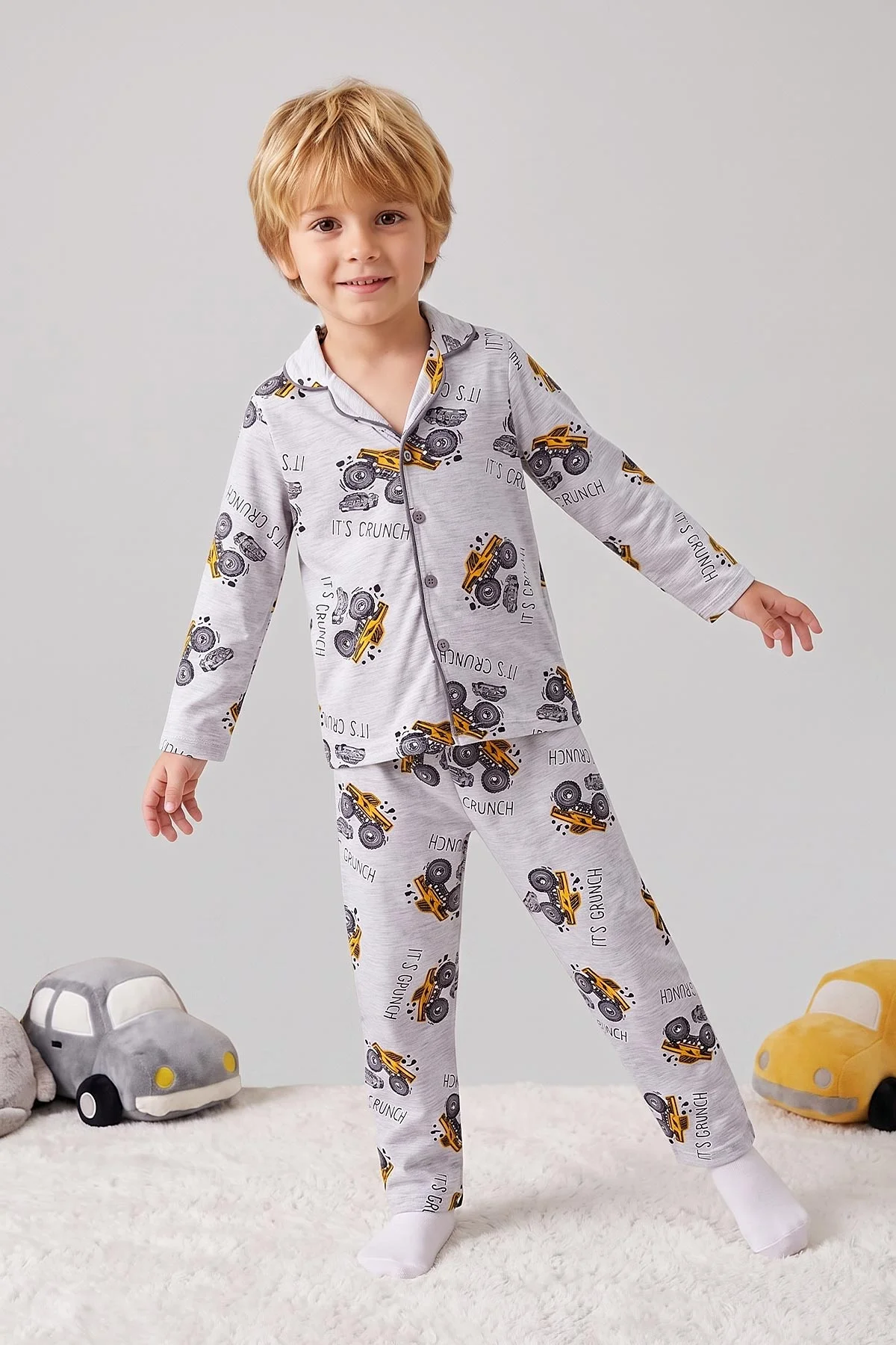 Gri (4-12 Yaş)Karakter  Desenli   Uzun Kol  Ön Düğmeli  Erkek  Çocuk Pijama Takım 473676