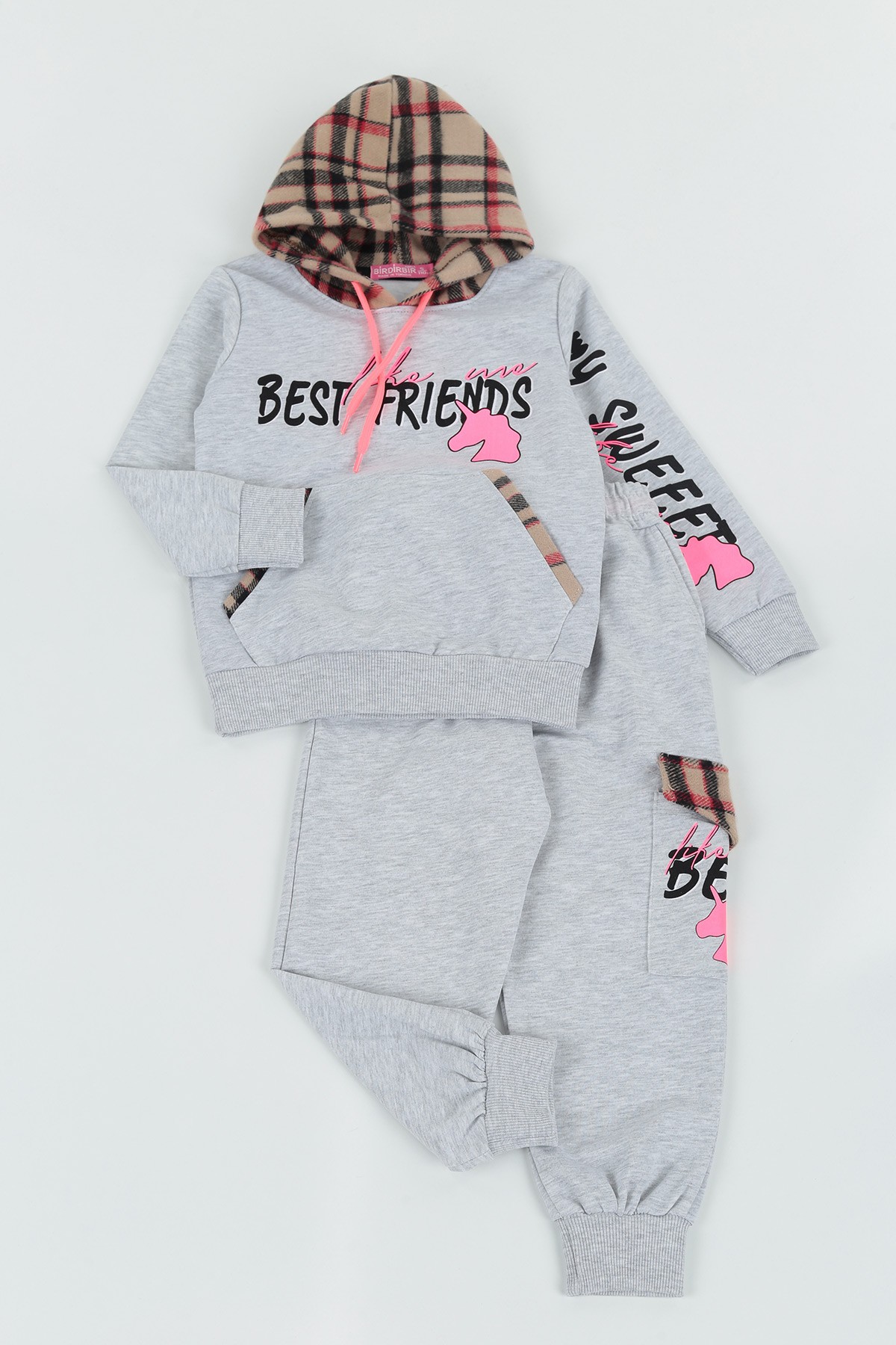 Gri (5-8 Yaş) Best Frıends Baskılı Kapüşonlu Kız Çocuk Mevsimlik İkili Takım 133725