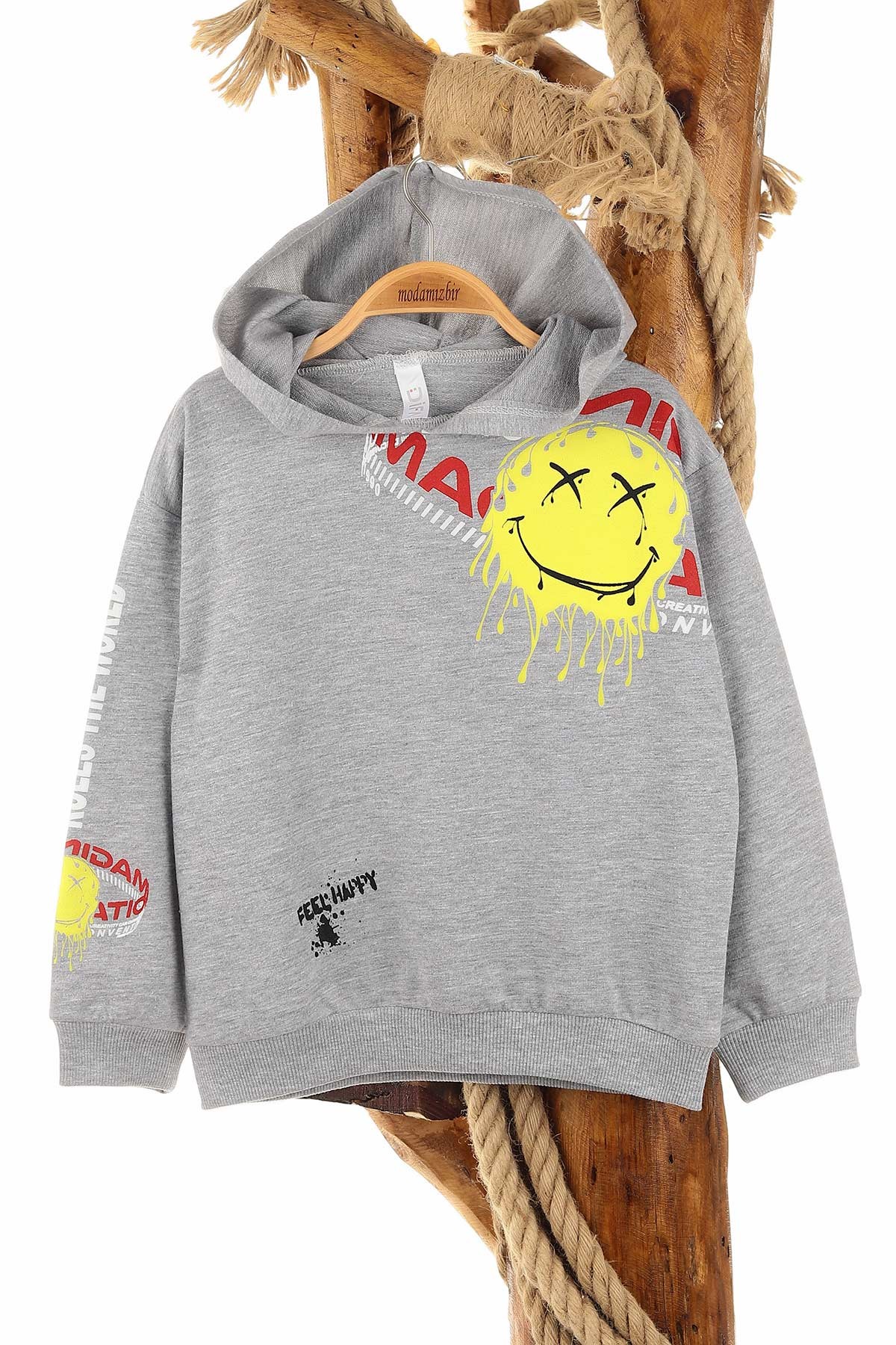 Gri (5-8 Yaş) Feel Happy Baskılı Kapüşonlu  Mevsimlik Erkek Çocuk Sweat 157159