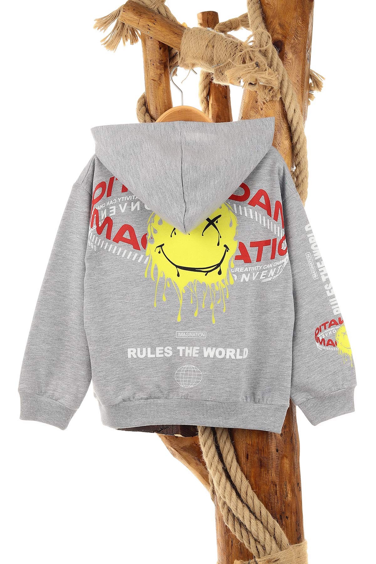 Gri (5-8 Yaş) Feel Happy Baskılı Kapüşonlu  Mevsimlik Erkek Çocuk Sweat 157159