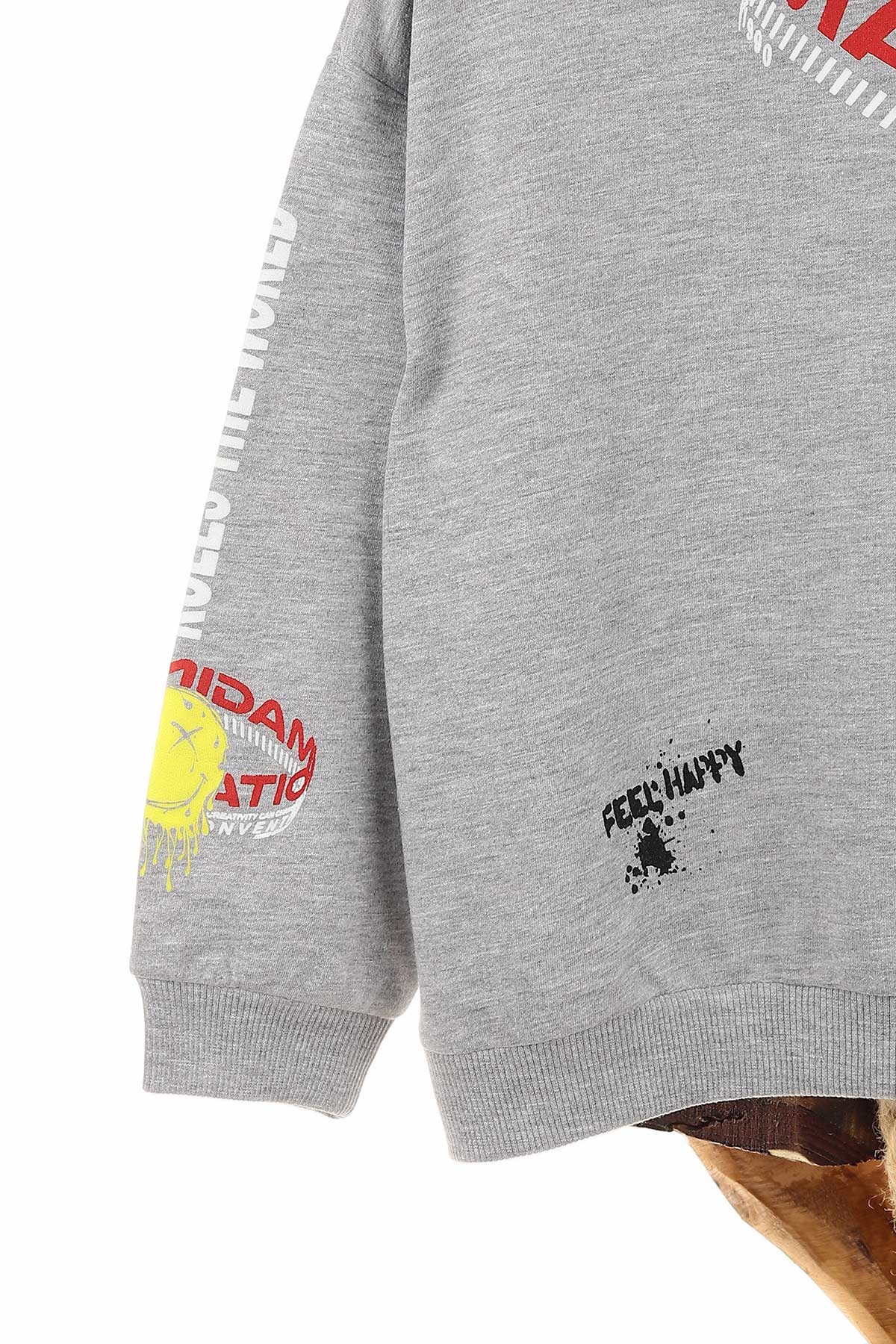 Gri (5-8 Yaş) Feel Happy Baskılı Kapüşonlu  Mevsimlik Erkek Çocuk Sweat 157159