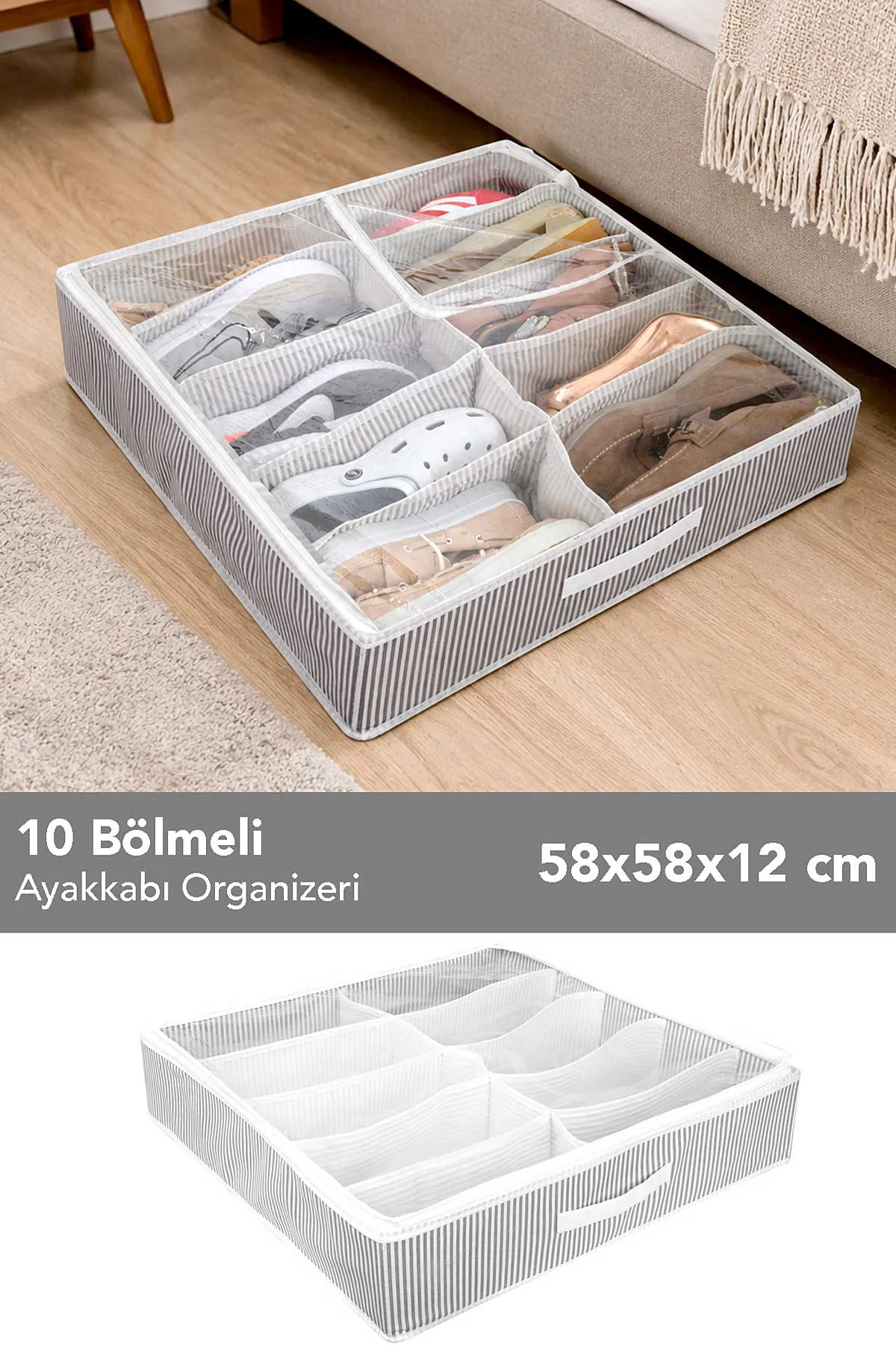 Gri 58x58x12 Cm 10 Bölmeli Ayakkabı Saklama Hurcu 481206