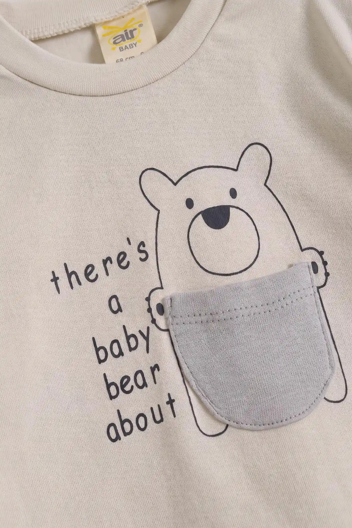 Gri (6-18 Ay)Bear Baskılı Cep Detaylı Çıtçıtlı Çimalı Erkek Bebek Takım 477823