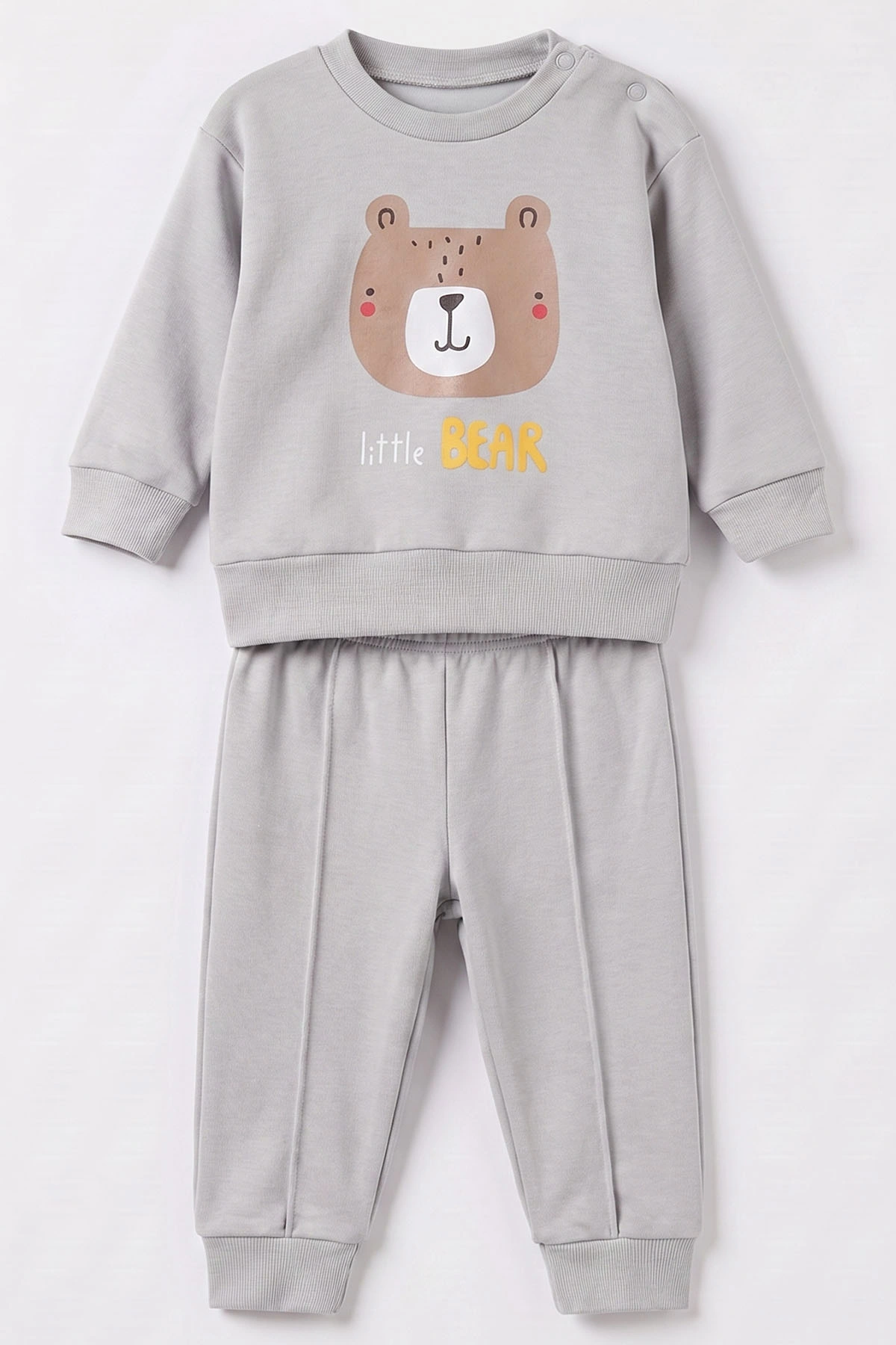 Gri (6-18 Ay)Little Bear Baskılı Çıtçıtlı Çimalı Erkek Bebek Takım 477953