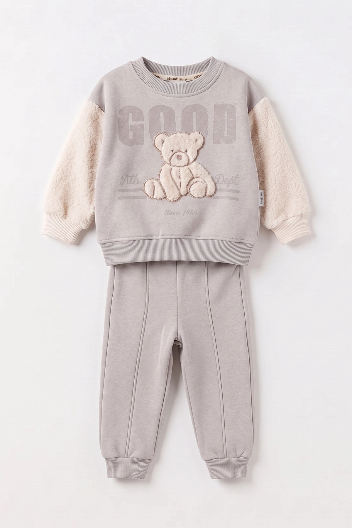 Gri (6-24 Ay) Süzene Ayıcık Nakışlı Kolları Peluş  3 İp Şardonlu Erkek Bebek Kışlık Takım 497402