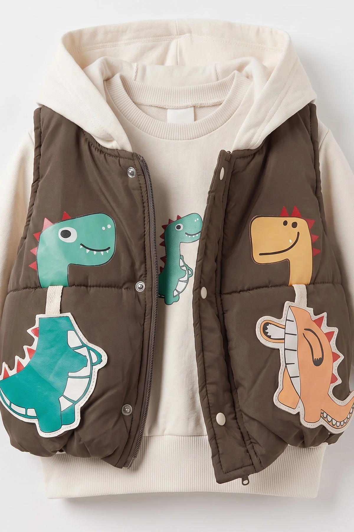 Gri (6-24 Ay) Yeleği Dinozor Baskılı Kapüşonlu Erkek Bebek 3'lü Takım 473245