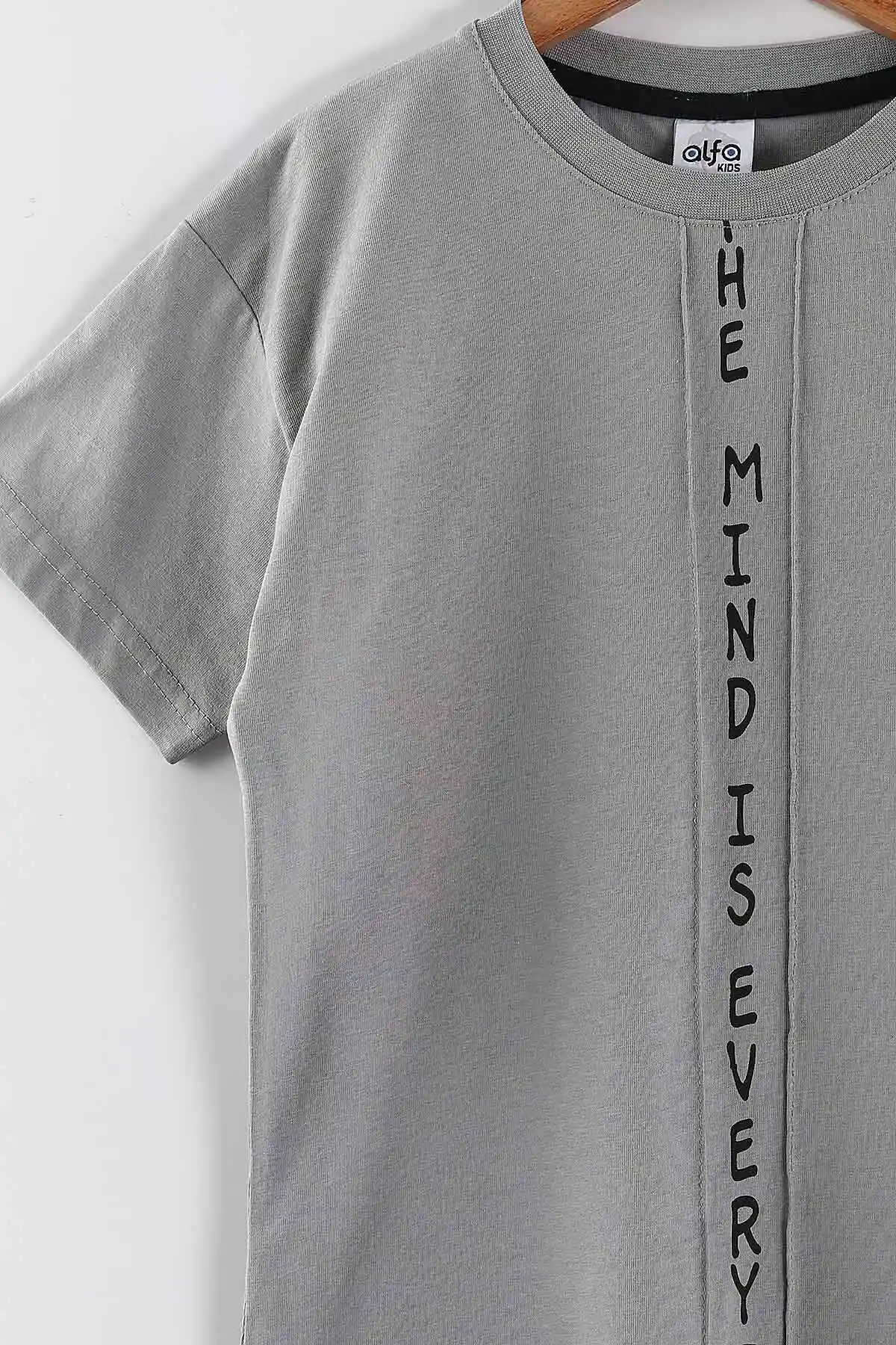 Gri (7-14 Yaş) The Mind Baskılı Dikiş Detaylı Şortlu Süprem Erkek Çocuk Yazlık Takım 446338