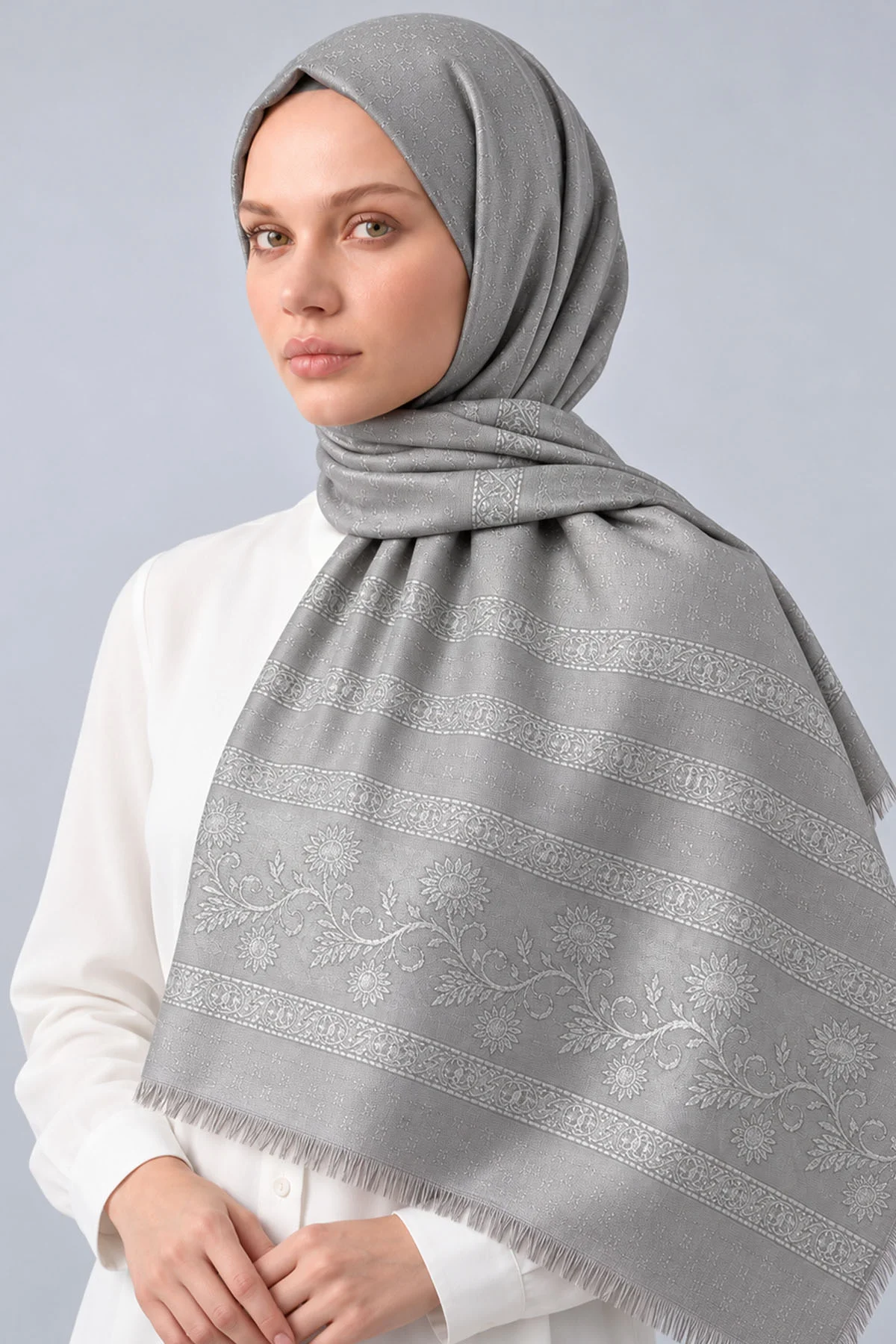 Gri 70x180 Cm Floral Premium Jakarlı Pamuk Şal 494064