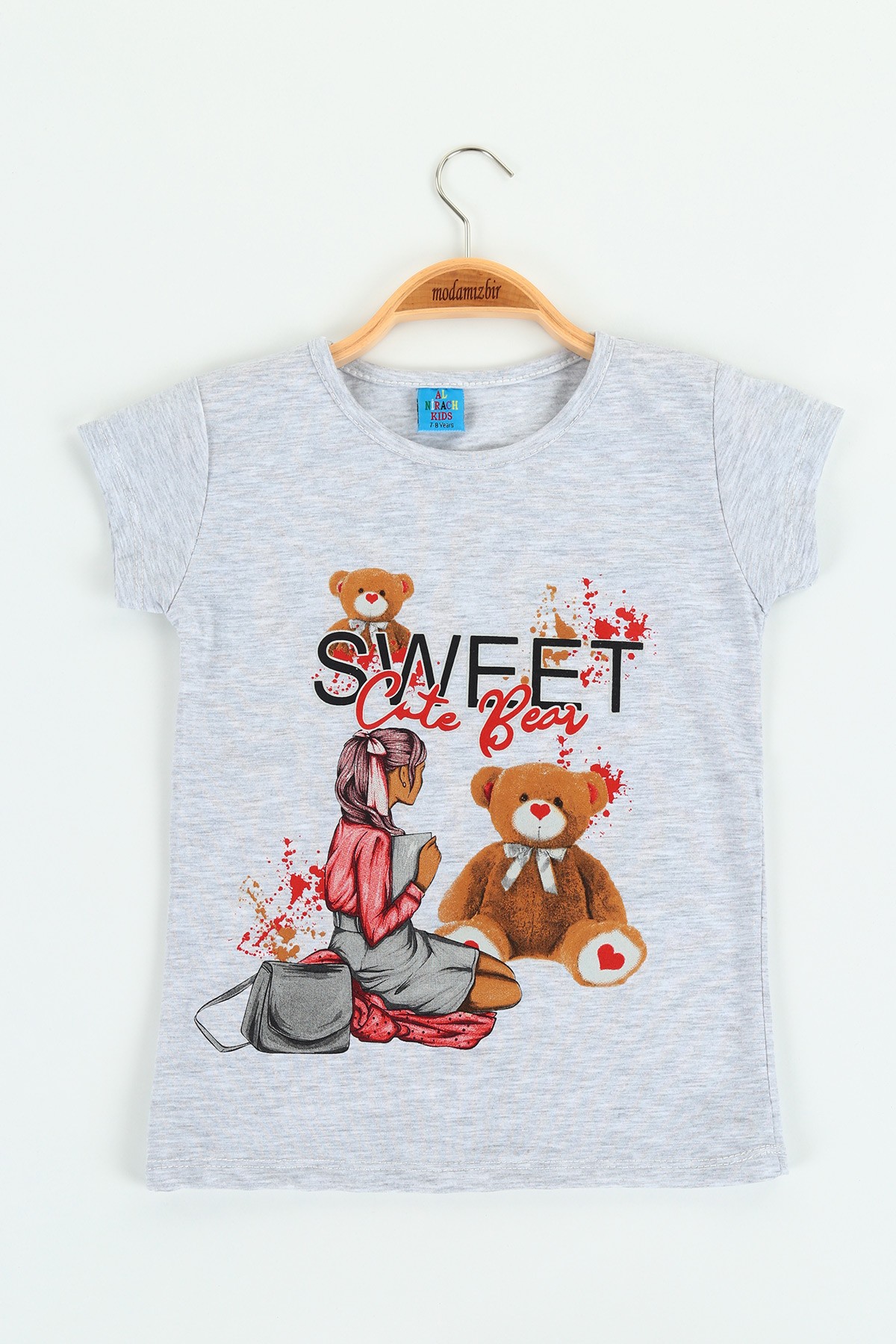 Gri (8-12 yaş) Sweet Bear Baskılı Kız Çocuk Tişört 121301