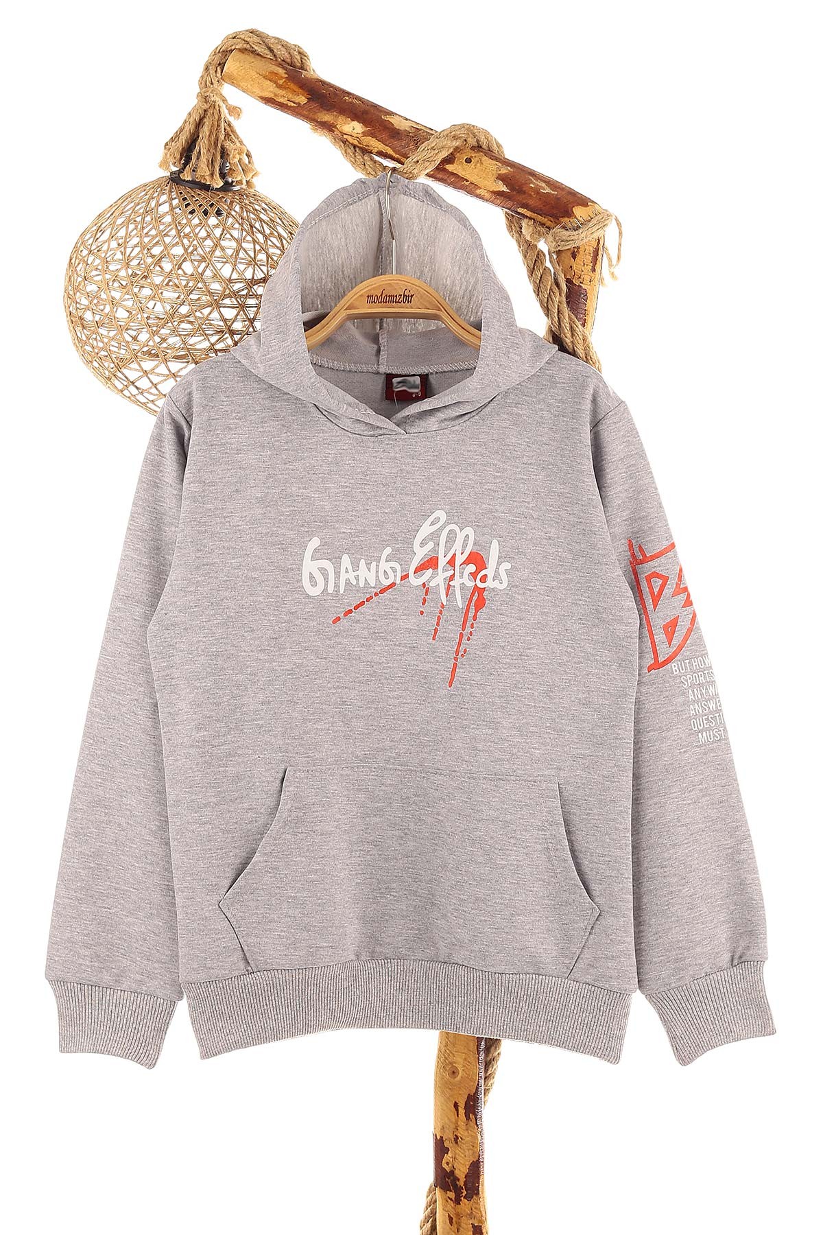 Gri (9-12 Yaş) Gang Baskılı Kapüşonlu Erkek Çocuk Sweat 154281