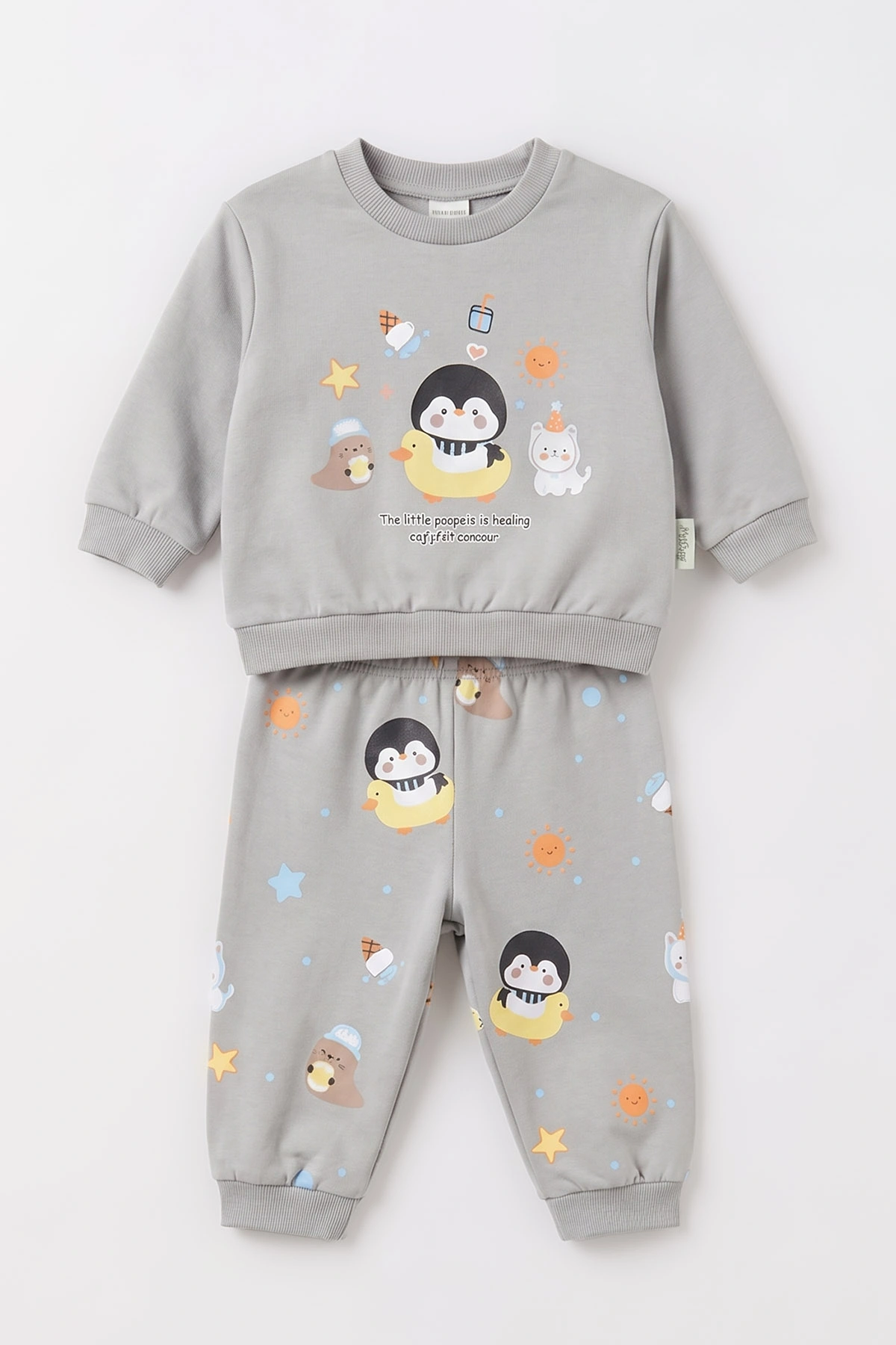 Gri (9-18 Ay) Penguen Baskılı İki İp Kız Bebek İkili Takım 495732