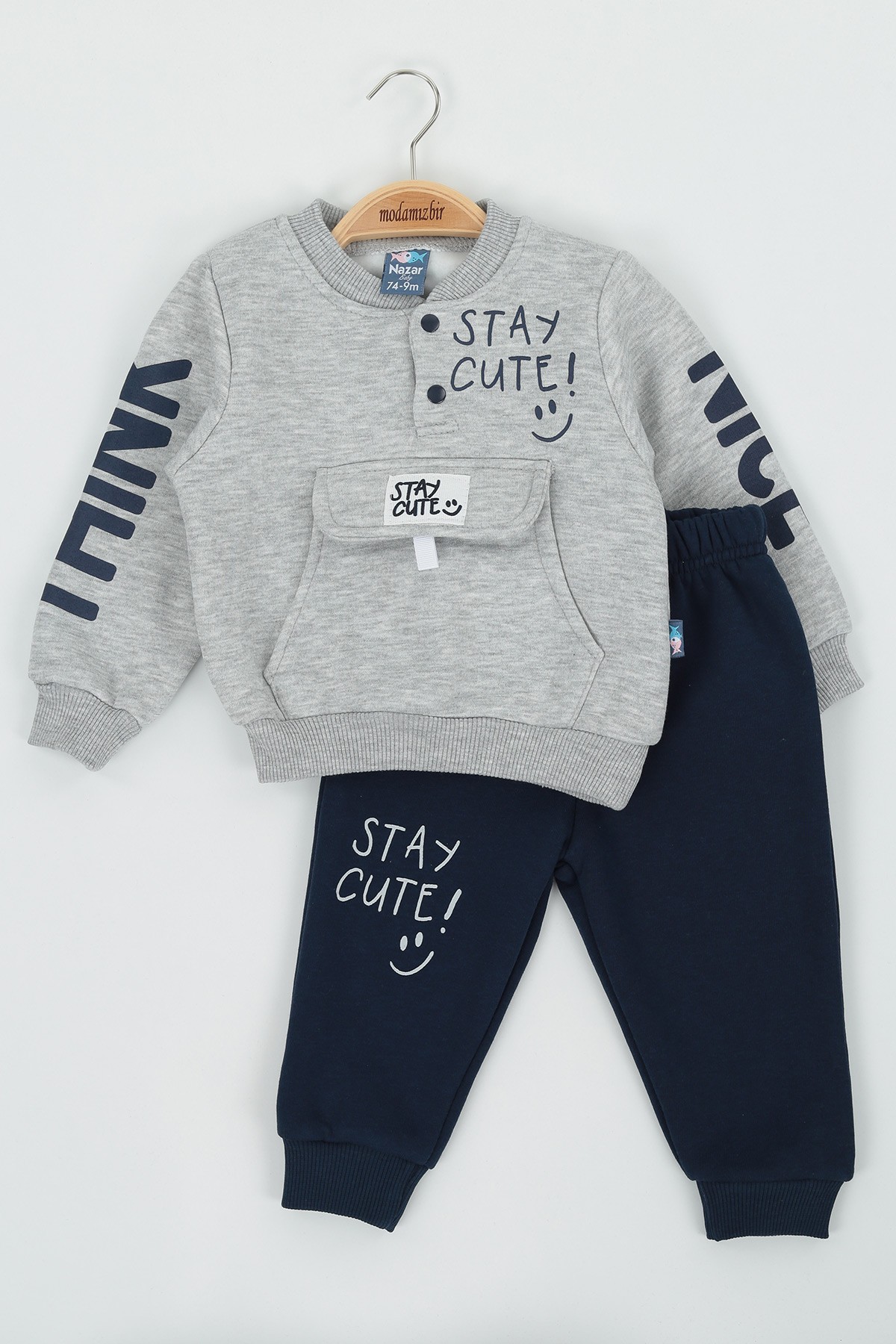 Gri (9-24 Ay) Stay Cute Baskılı Kapak Cepli Üç İp Şardonlu Erkek Çocuk Takım 136800
