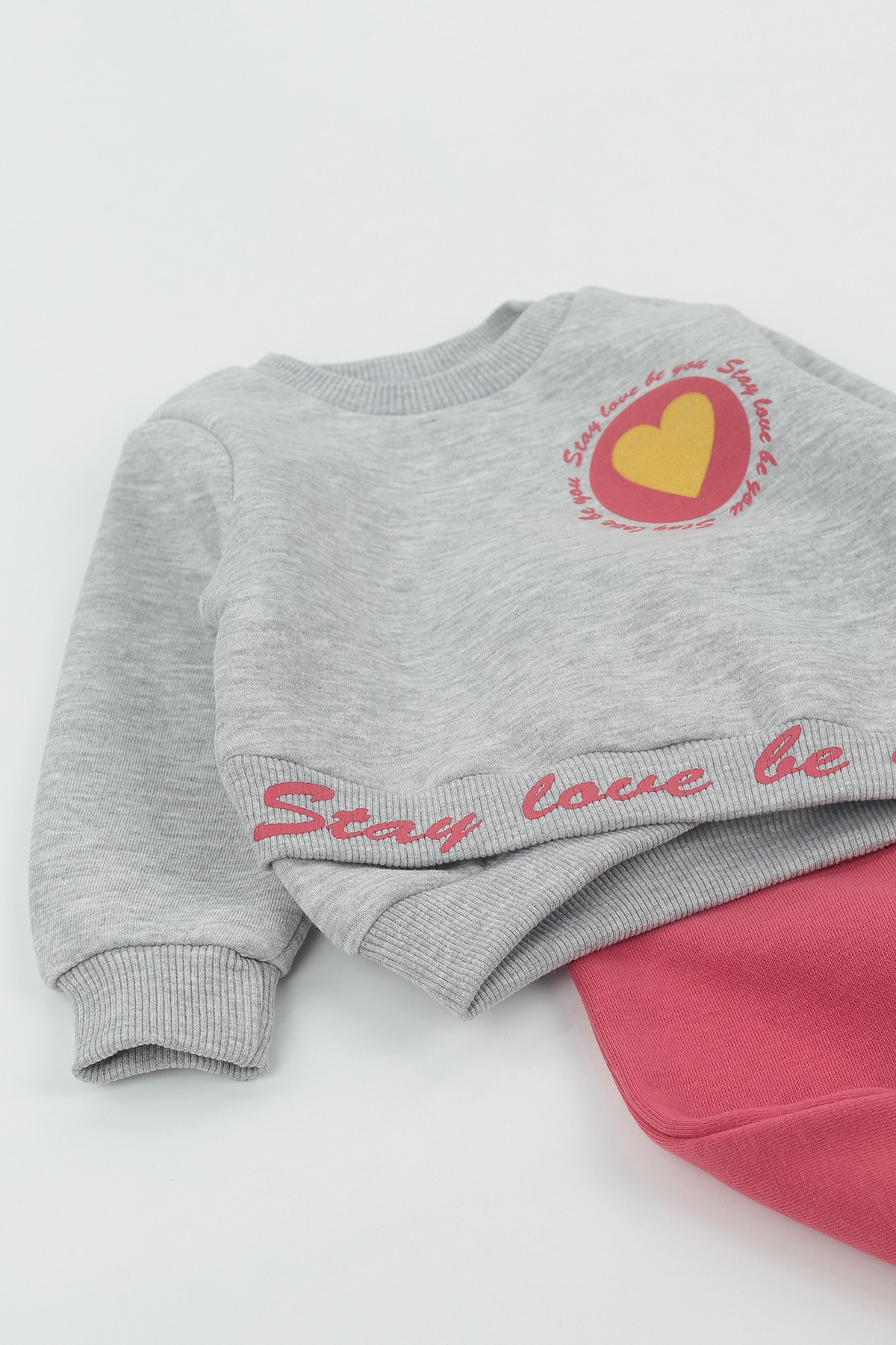 Gri (9-24 Ay) Stay Love Kalp Baskılı Üç İp Şardonlu Kız Çocuk Takım 136612