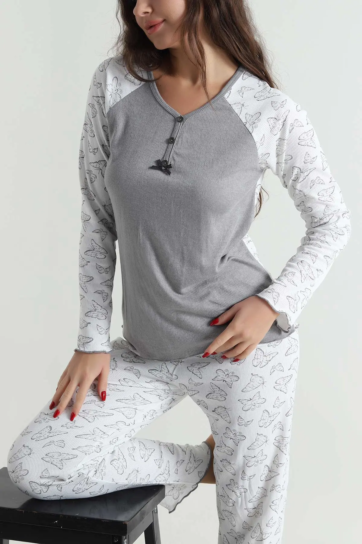 Gri Armut Yaka Fitilli Kadın Pijama Takımı 494677