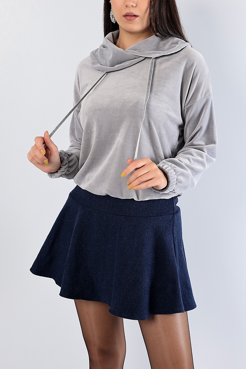Gri Astronot Yaka Bayan Kadife Sweat 81287