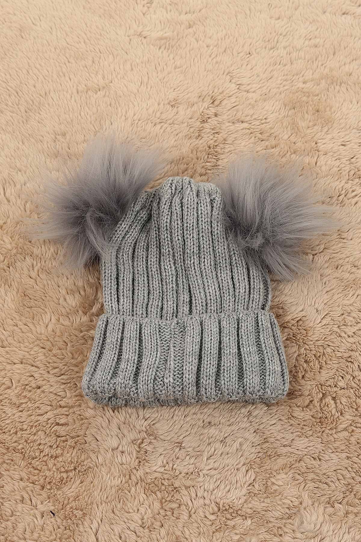 Gri (Atkı: 115 cm Bere: 19 cm) Çift Ponpnlu Atkı Bere 151906