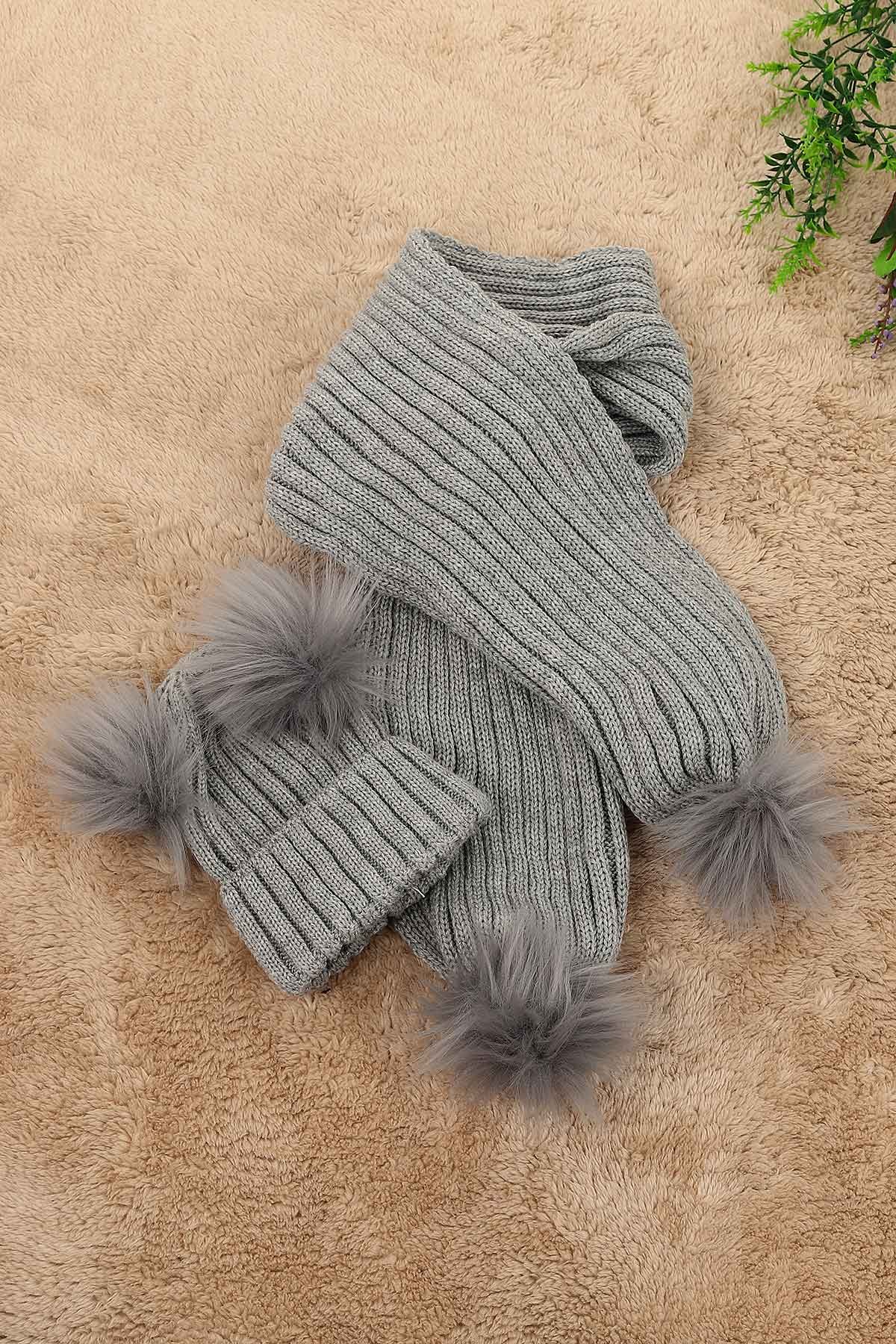 Gri (Atkı: 115 cm Bere: 19 cm) Çift Ponpnlu Atkı Bere 151906