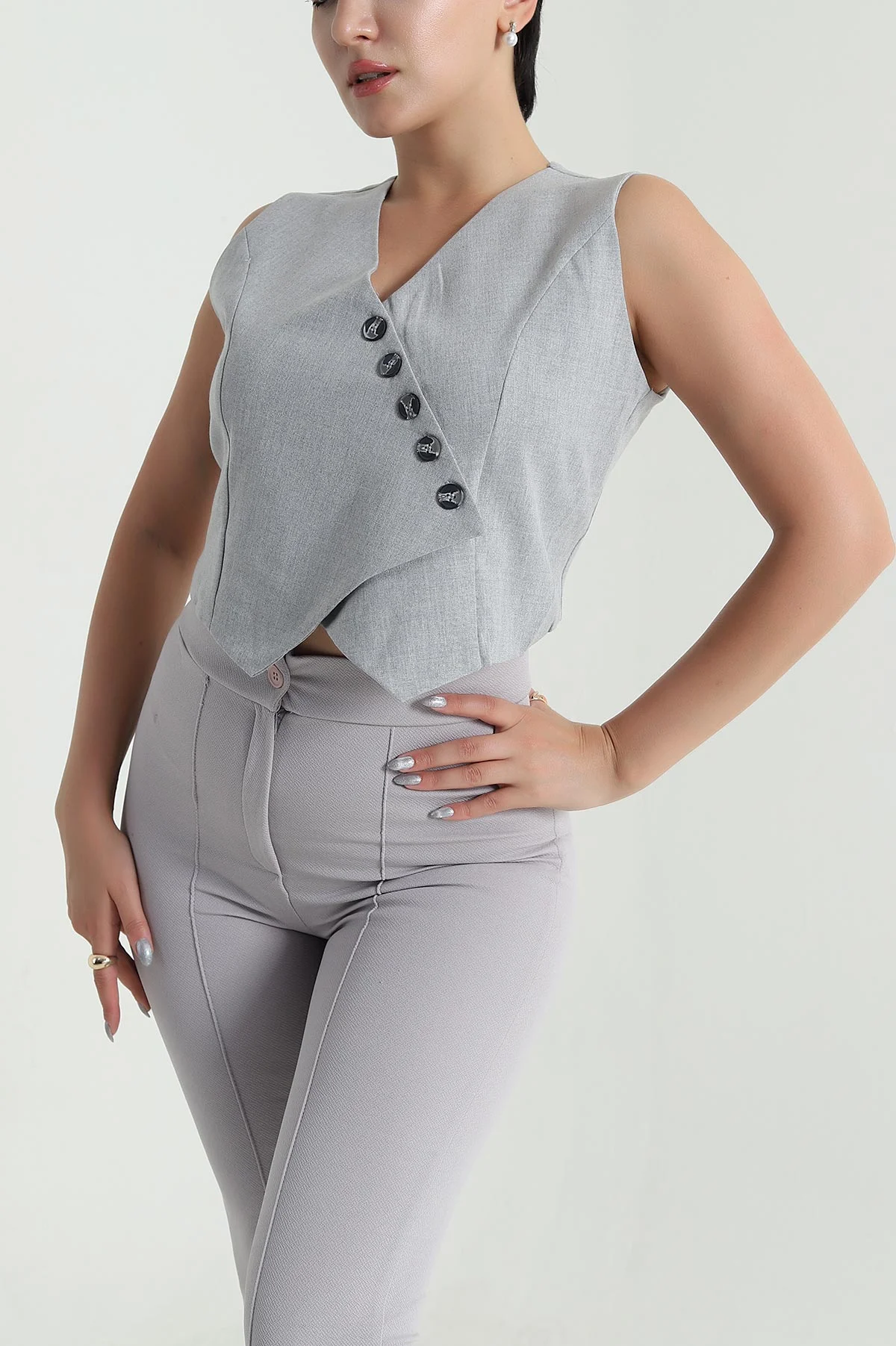 Gri Atlas Düğmeli Astarlı Kadın Yelek 481381