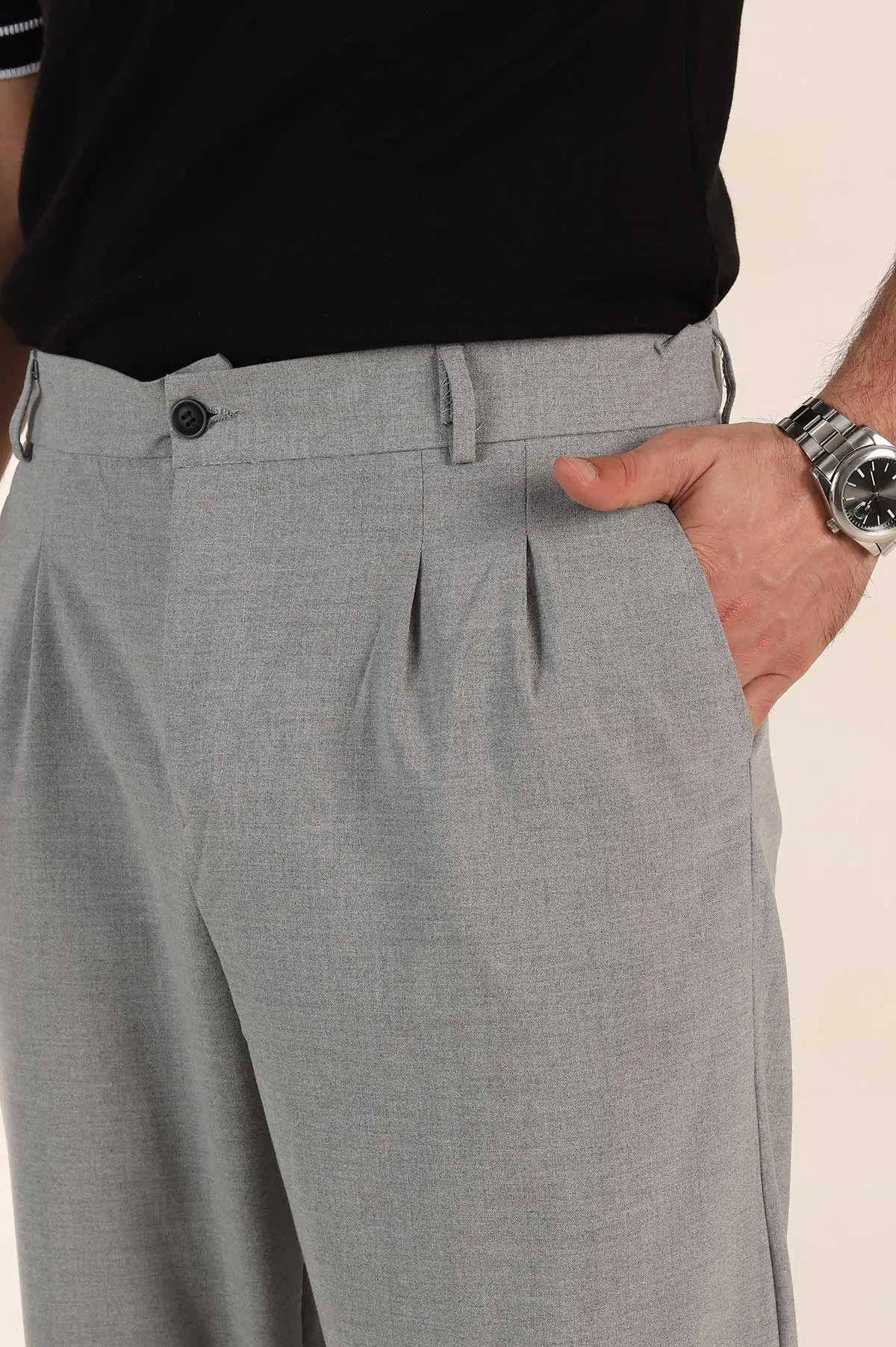 Gri Baggy Bel Arkası Lastikli Çift Pile Detaylı Erkek Kumaş Pantolon 366312