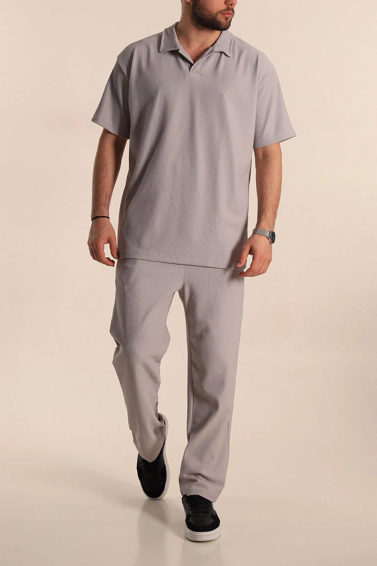 Gri Baggy Jakarlı Polo Yaka Tişörtlü Eşofman Takımı 269186