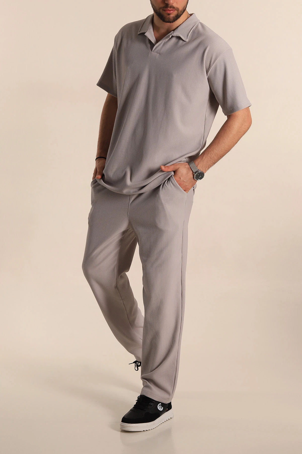 Gri Baggy Jakarlı Polo Yaka Tişörtlü Eşofman Takımı 269186