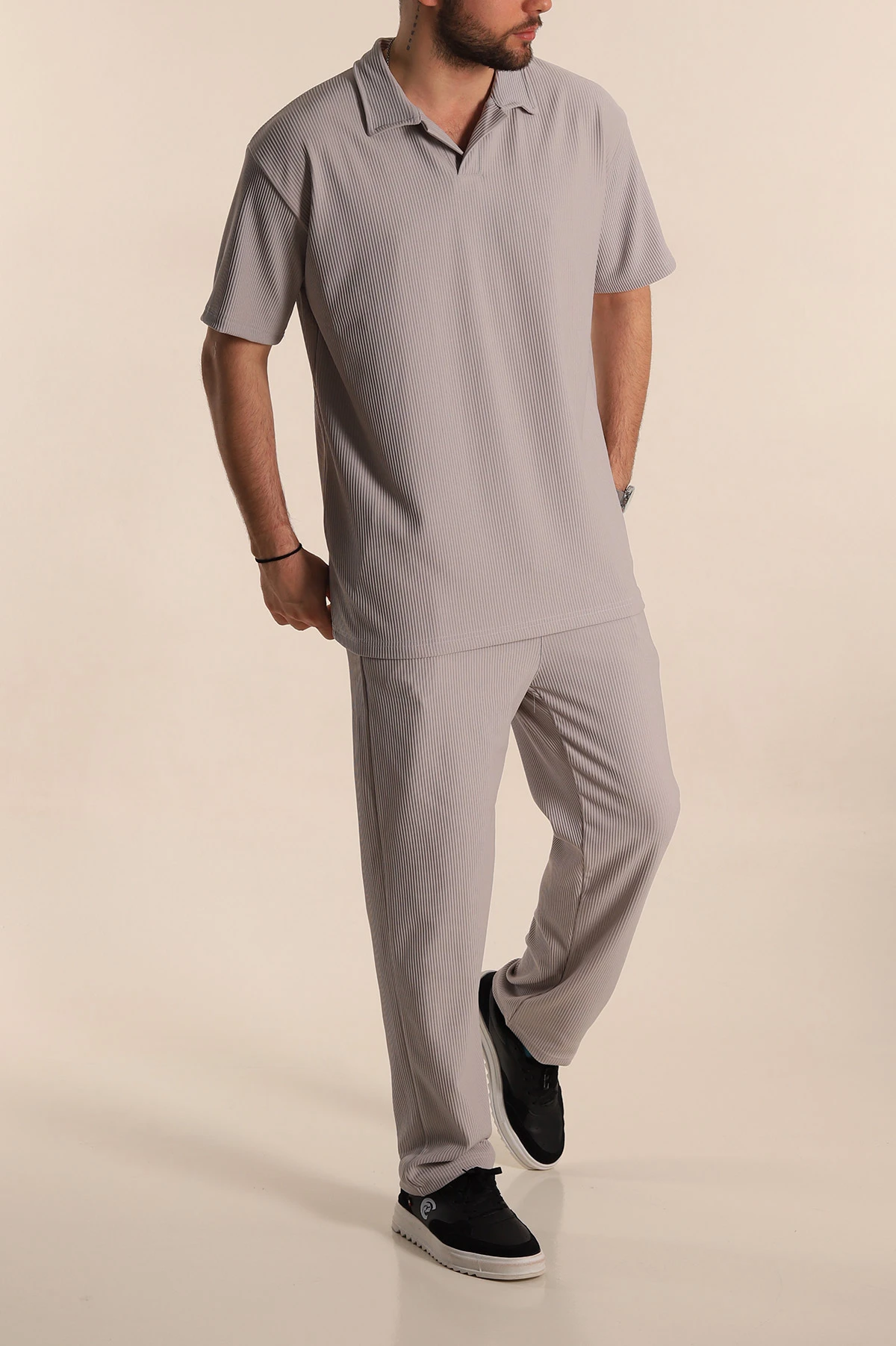 Gri Baggy Jakarlı Polo Yaka Tişörtlü Eşofman Takımı 269186