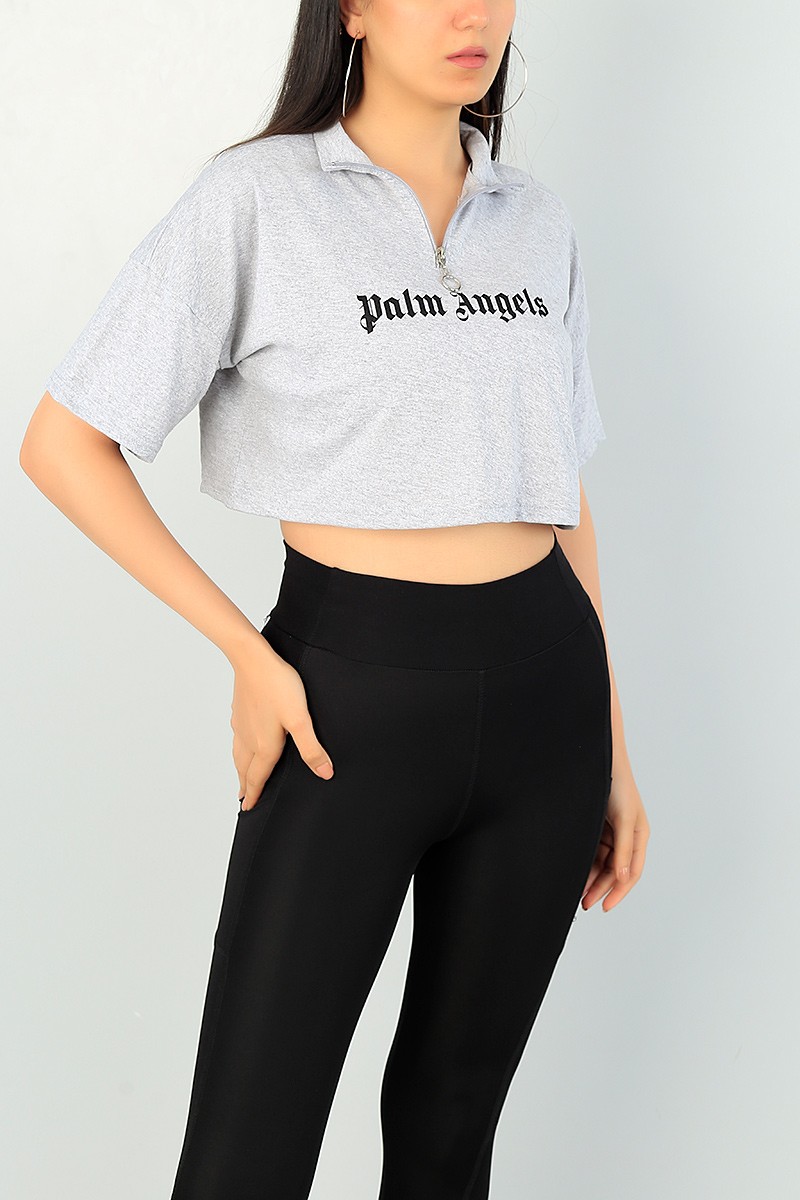 Gri Balıkçı Yaka Fermuarlı Bayan Crop Tişört 70325
