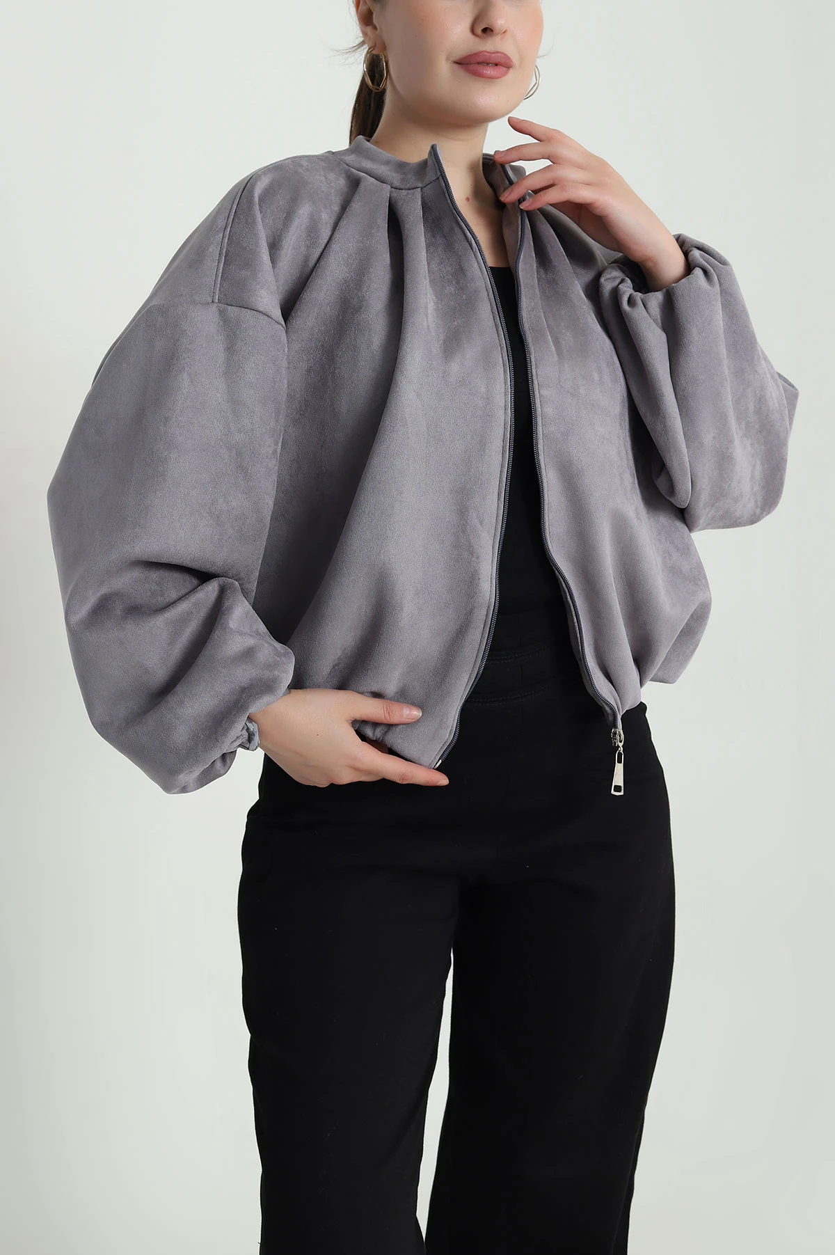 Gri Balon Bomber Kadın Süet Mont 484002