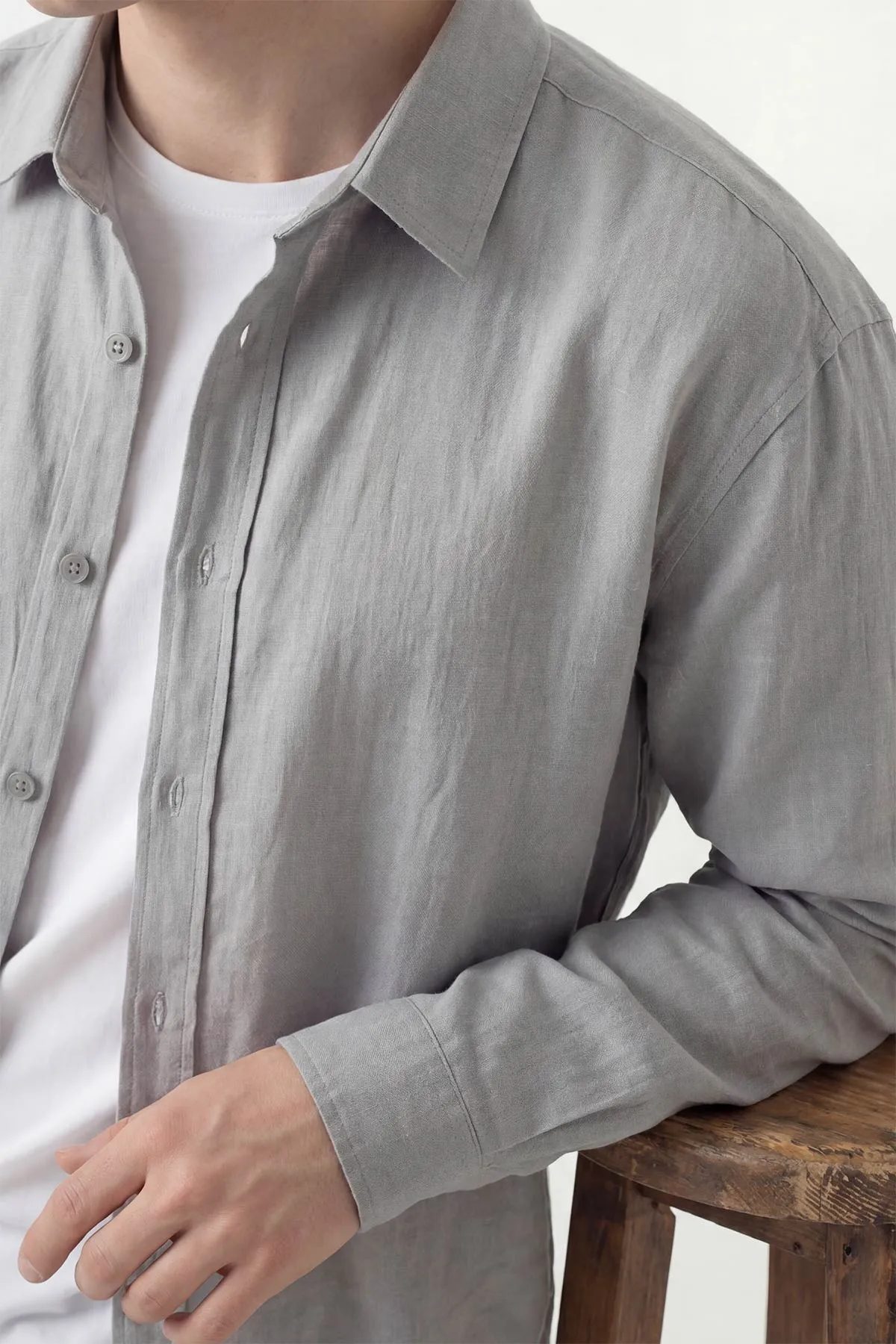 Gri Bambu Keten Oversize Erkek Gömlek 449841