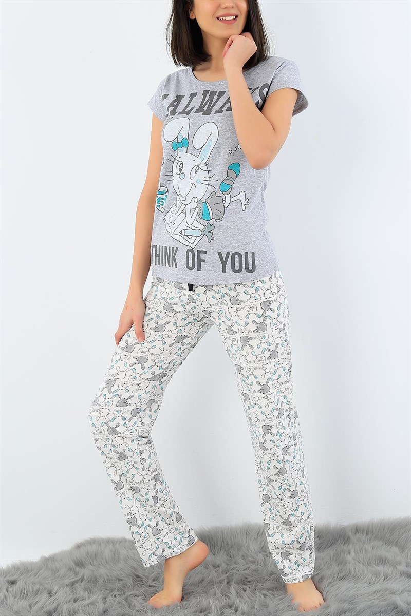 Gri Baskılı Bayan Pijama Takımı 32120