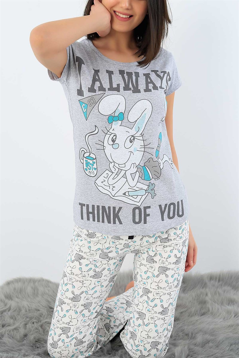 Gri Baskılı Bayan Pijama Takımı 32120