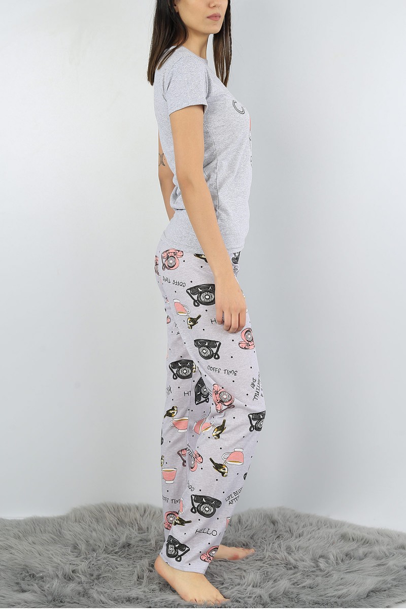 Gri Baskılı Bayan Pijama Takımı 52106