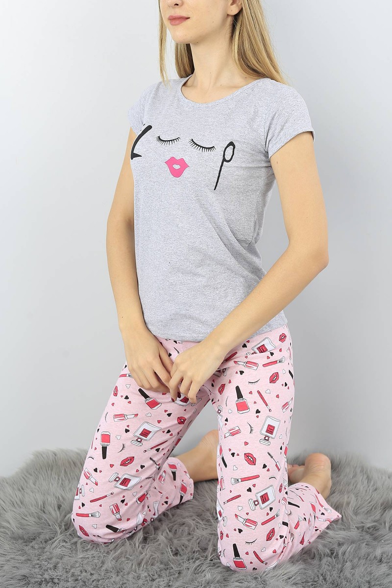 Gri Baskılı Bayan Pijama Takımı 52303