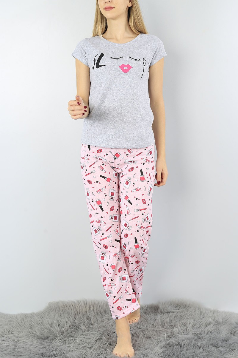 Gri Baskılı Bayan Pijama Takımı 52303