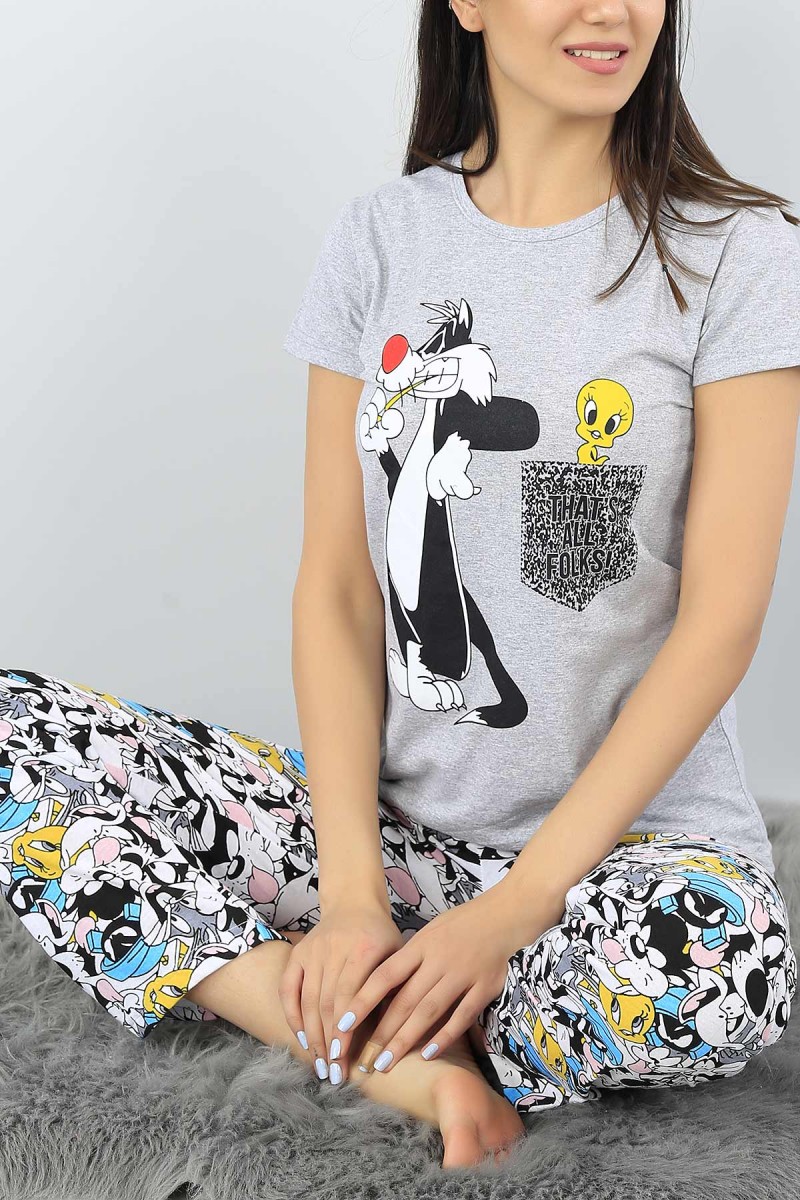 Gri Baskılı Bayan Pijama Takımı 52339