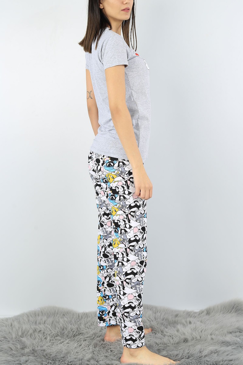Gri Baskılı Bayan Pijama Takımı 52339