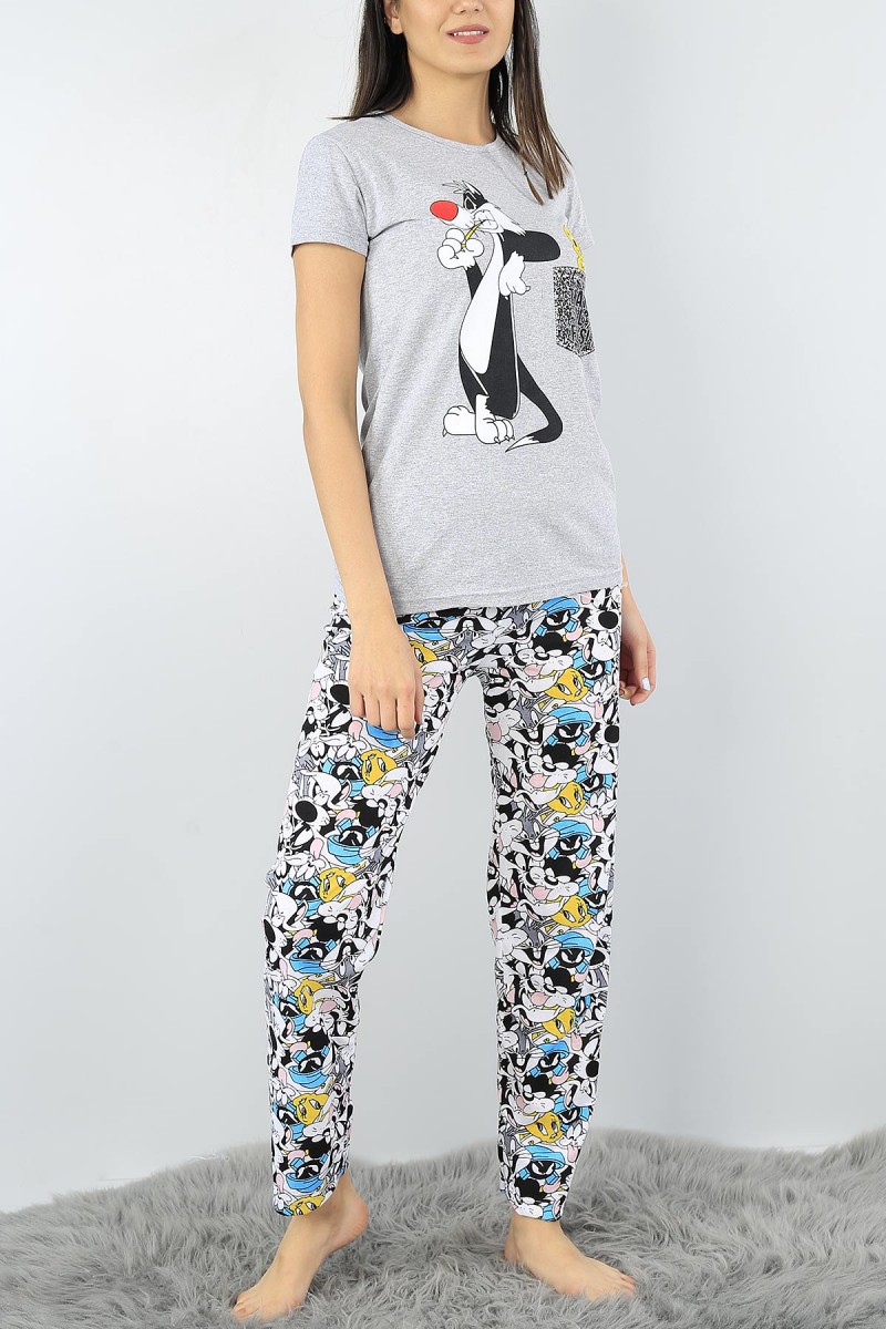 Gri Baskılı Bayan Pijama Takımı 52339