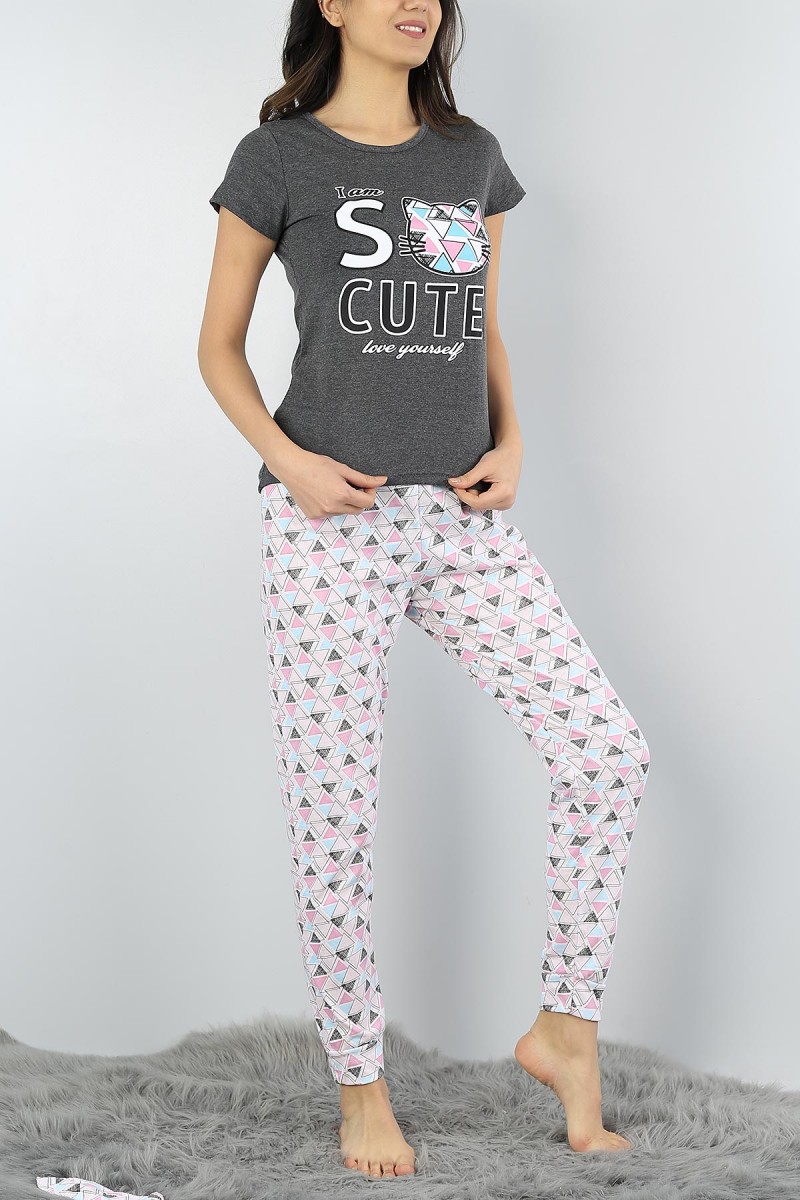 Gri Baskılı Bayan Pijama Takımı 54930