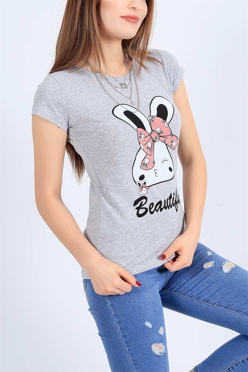Gri Baskılı Bayan Tişört 26831B
